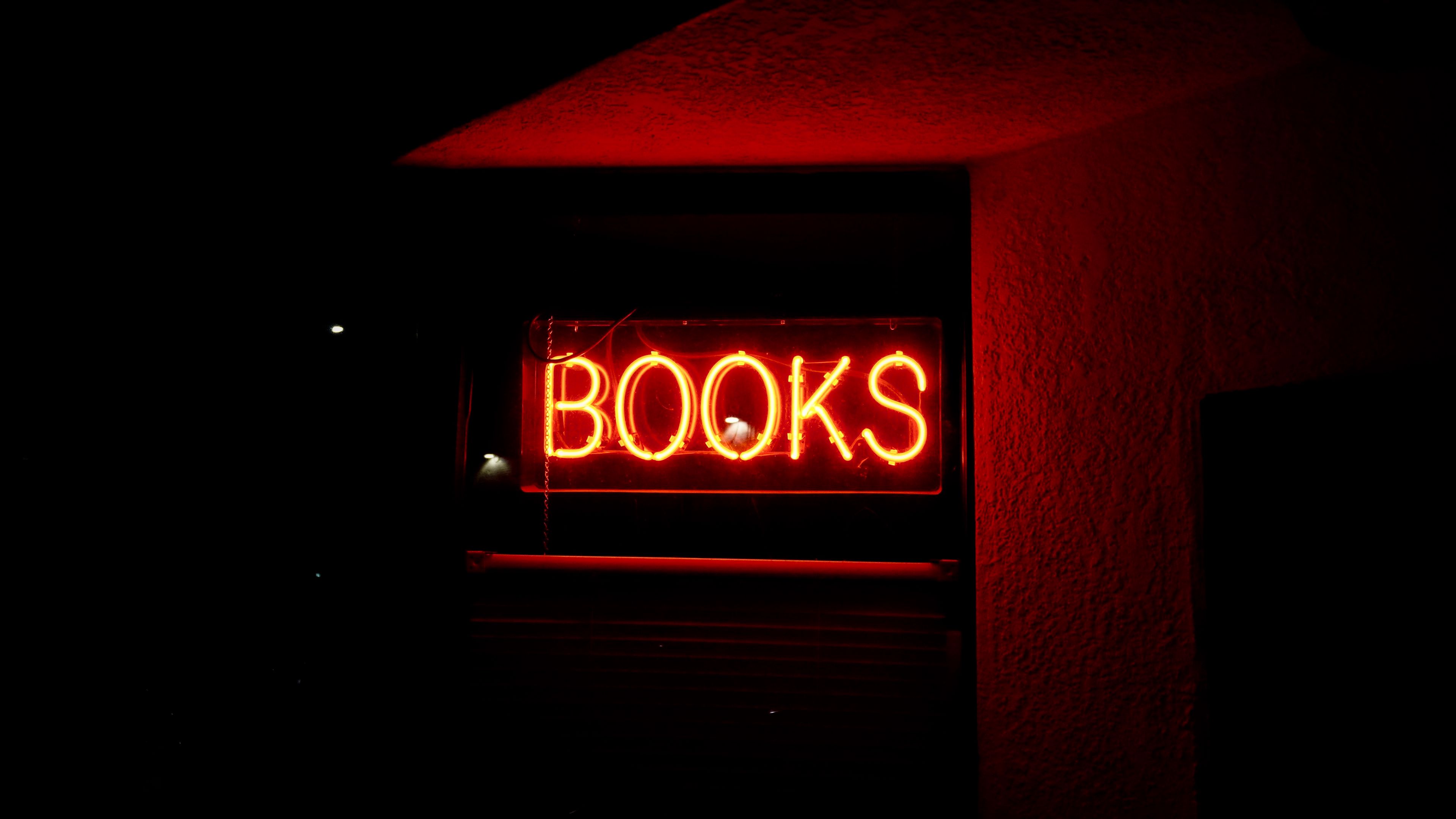 books, sign, neon, text, red, 4k, HD Wallpaper