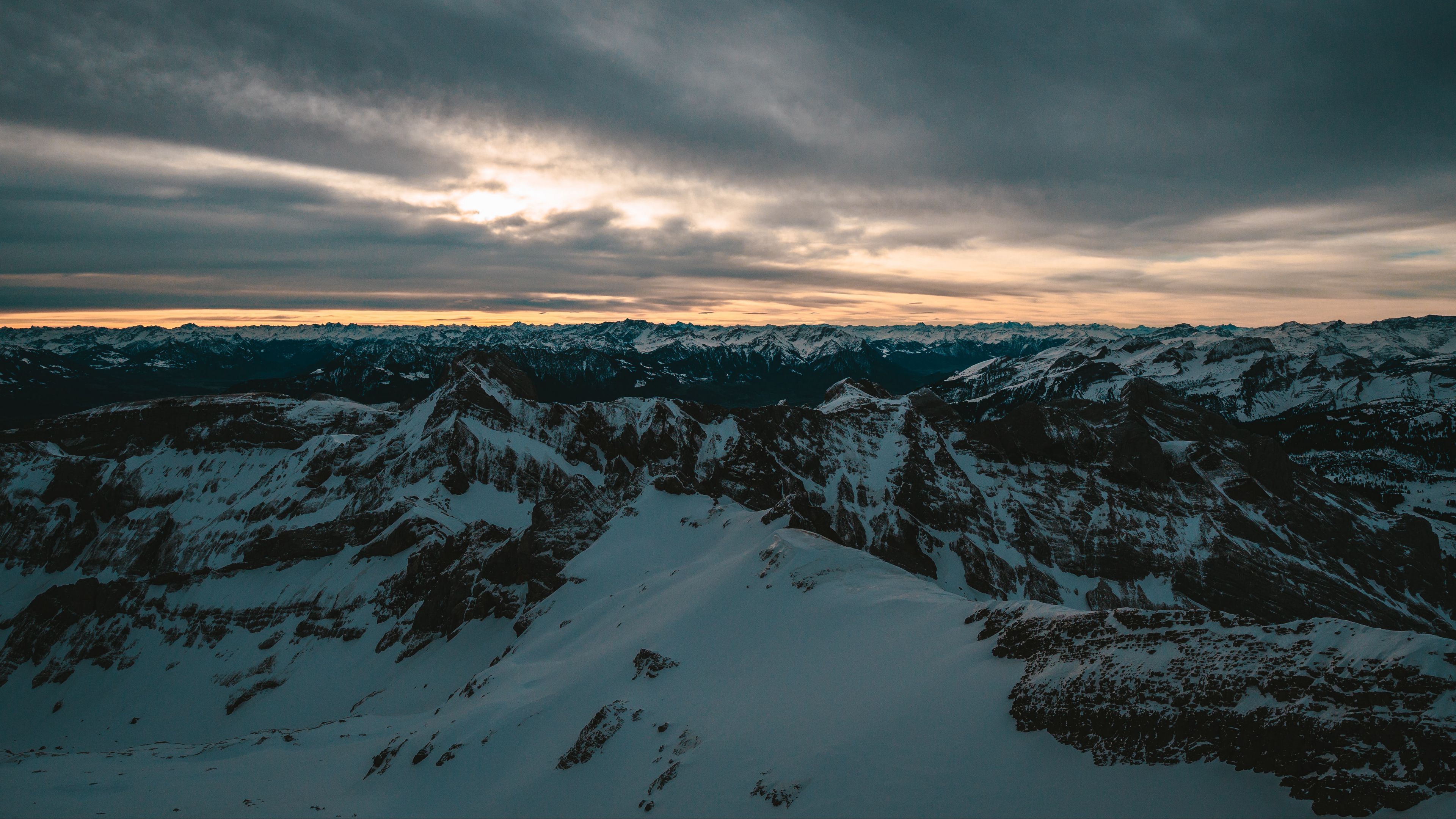 mountains, snow, aerial view, horizon, nature, 4k, HD Wallpaper