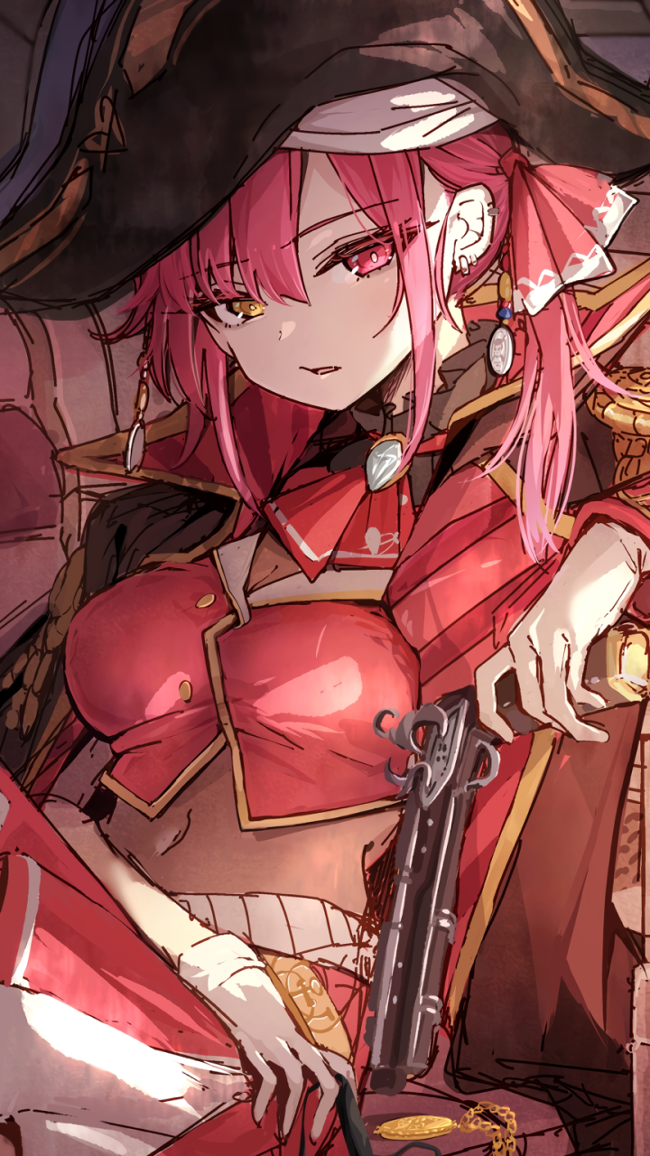 Wallpaper ID: 447566 / Anime Virtual Youtuber Phone Wallpaper,  Heterochromia, Houshou Marine, Pirate, Hololive, Pink Hair, 720x1280 free  download