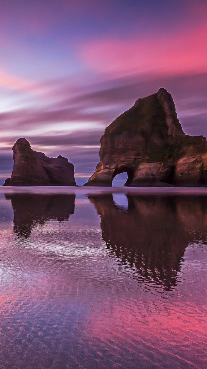 Earth Sunset, Beach, Horizon, Ocean, Reflection, New Zealand, 720x1280, Phone HD Wallpaper