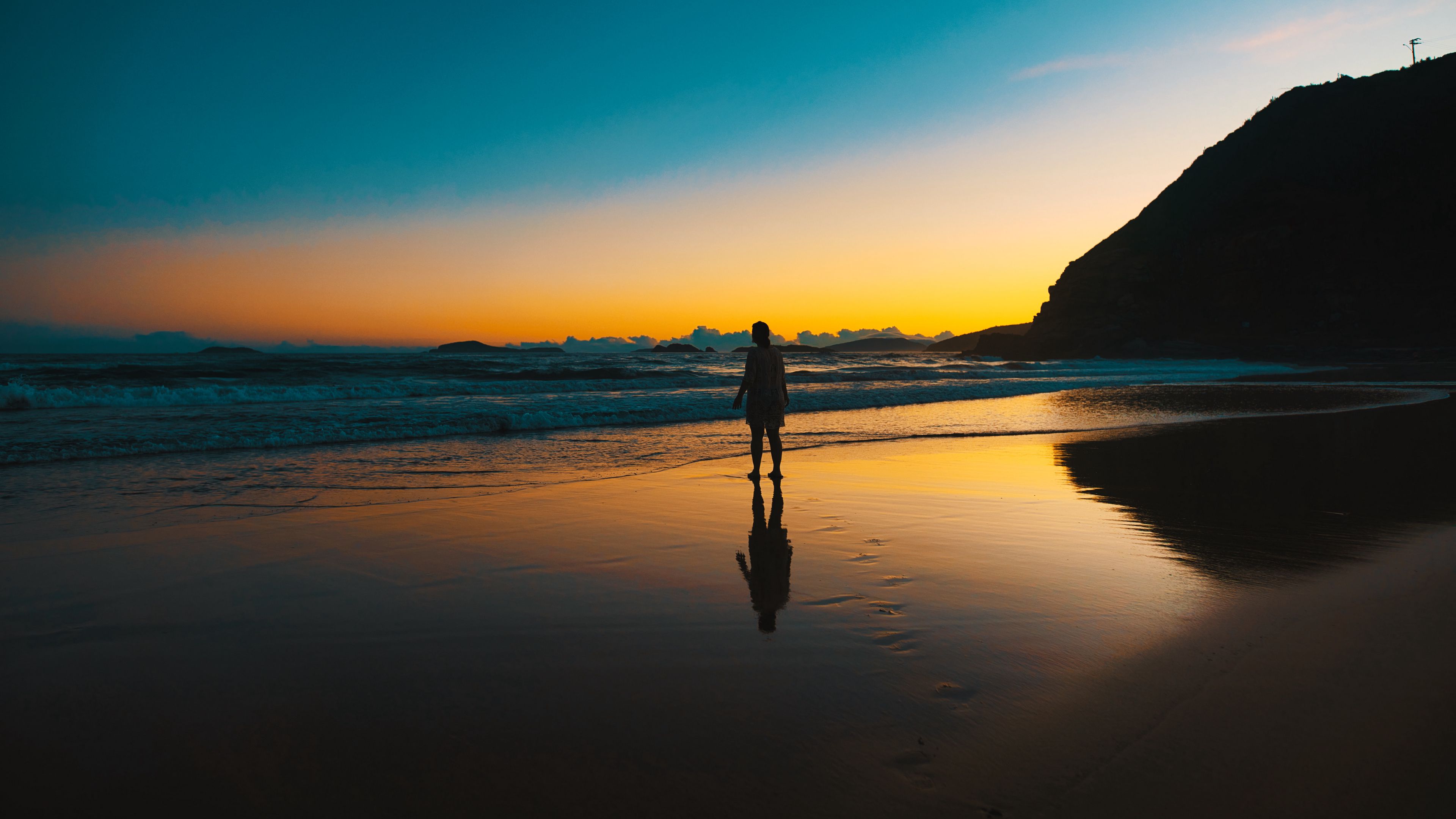 silhouette, loneliness, lonely, beach, sunset, 4k, HD Wallpaper