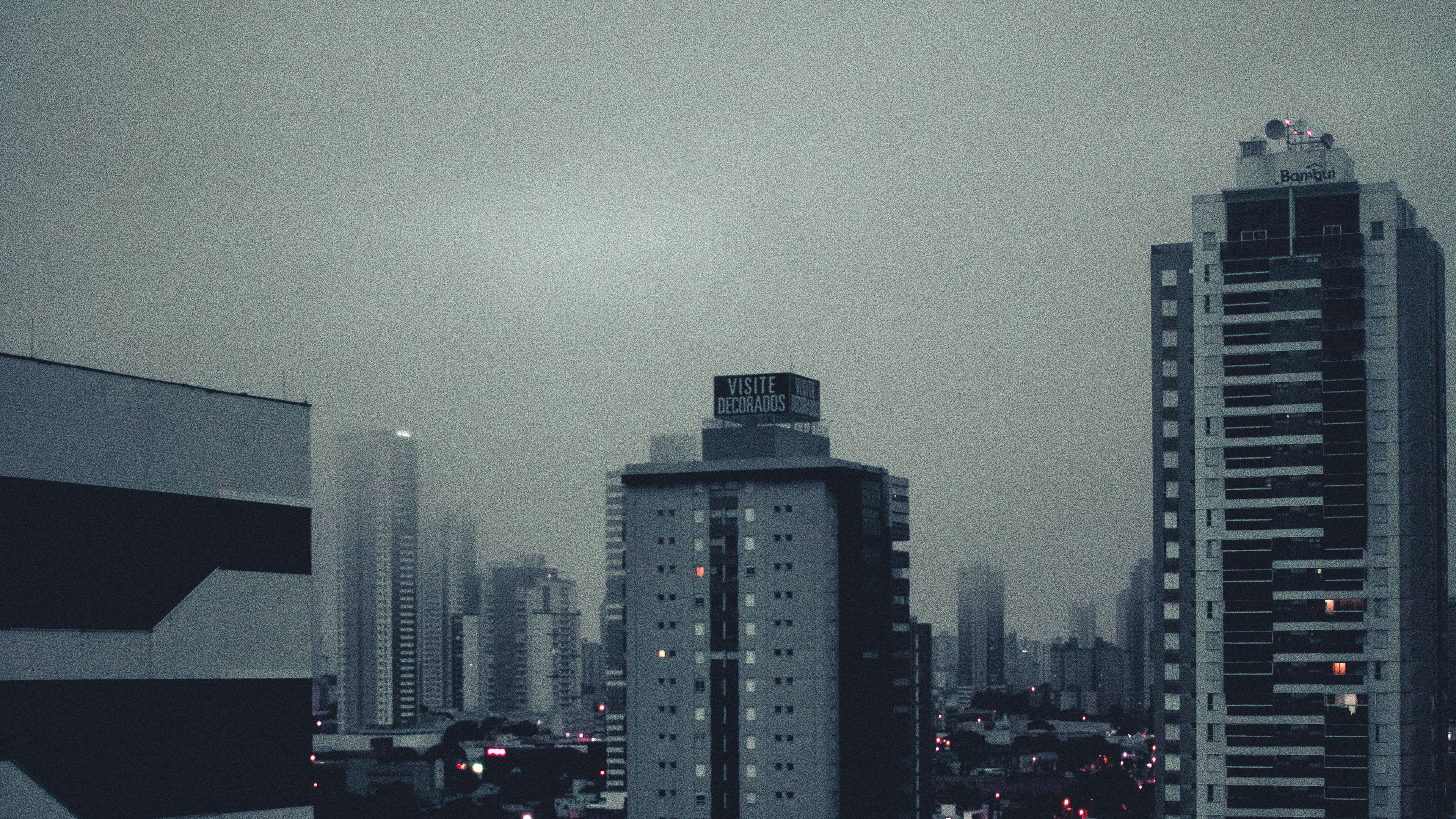 city, buildings, fog, lights, 4k, HD Wallpaper