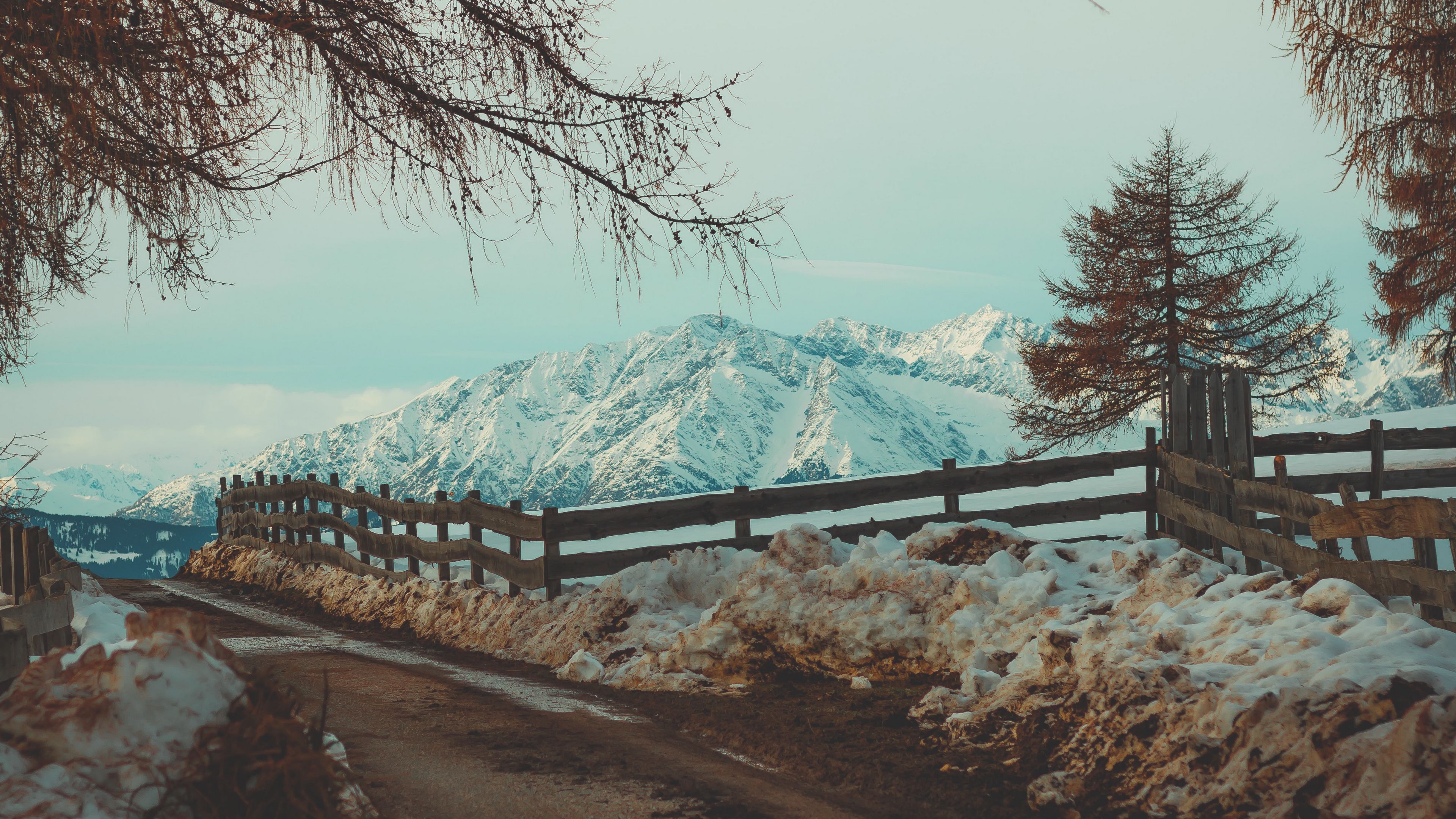 mountains, snow, road, fence, branches, 4k, HD Wallpaper