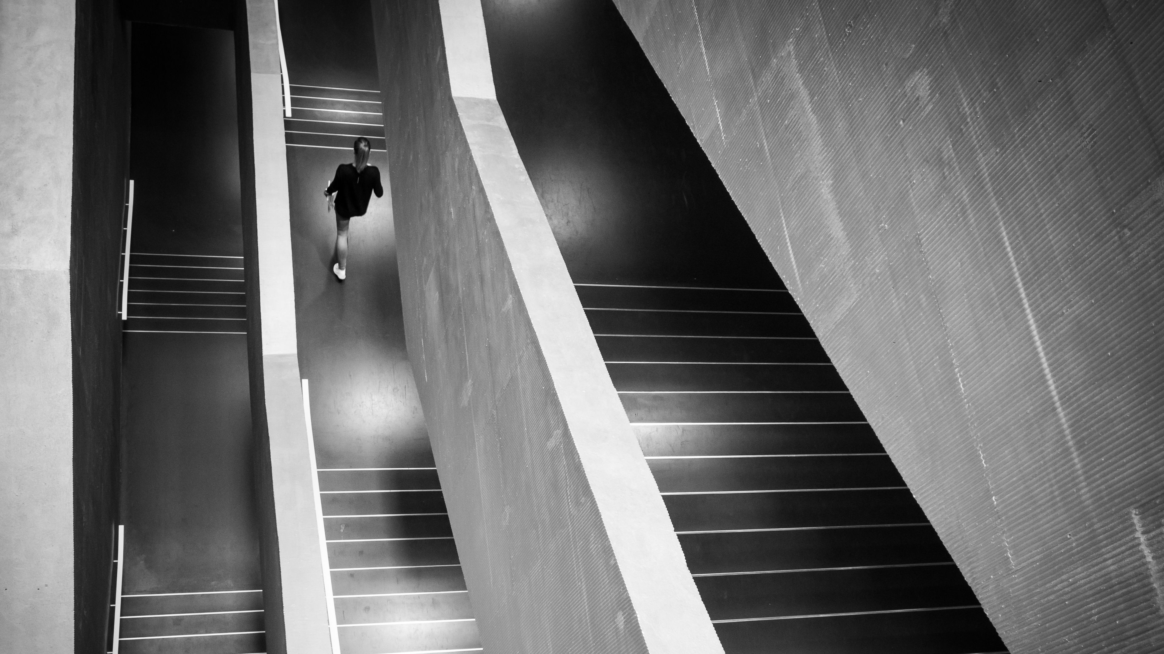 stairs, person, bw, minimalism, 4k, HD Wallpaper
