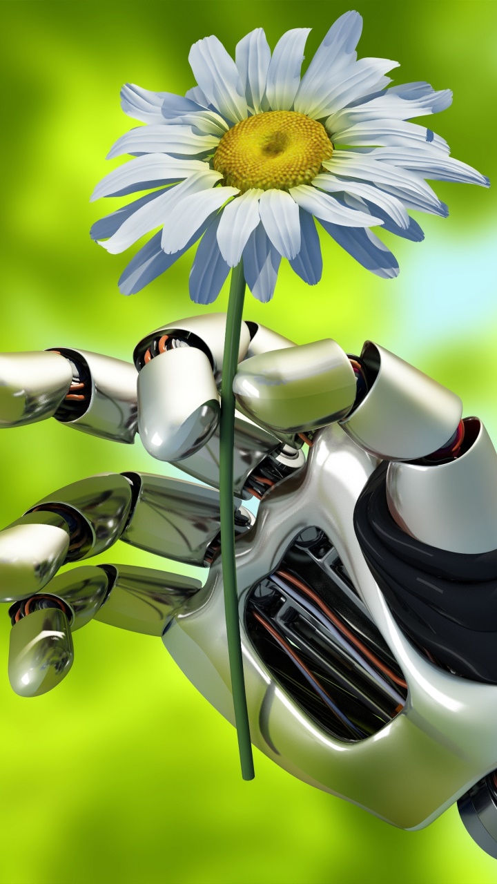 Man Made Flower, Daisy, Robot, Hand, 720x1280, Phone HD Wallpaper