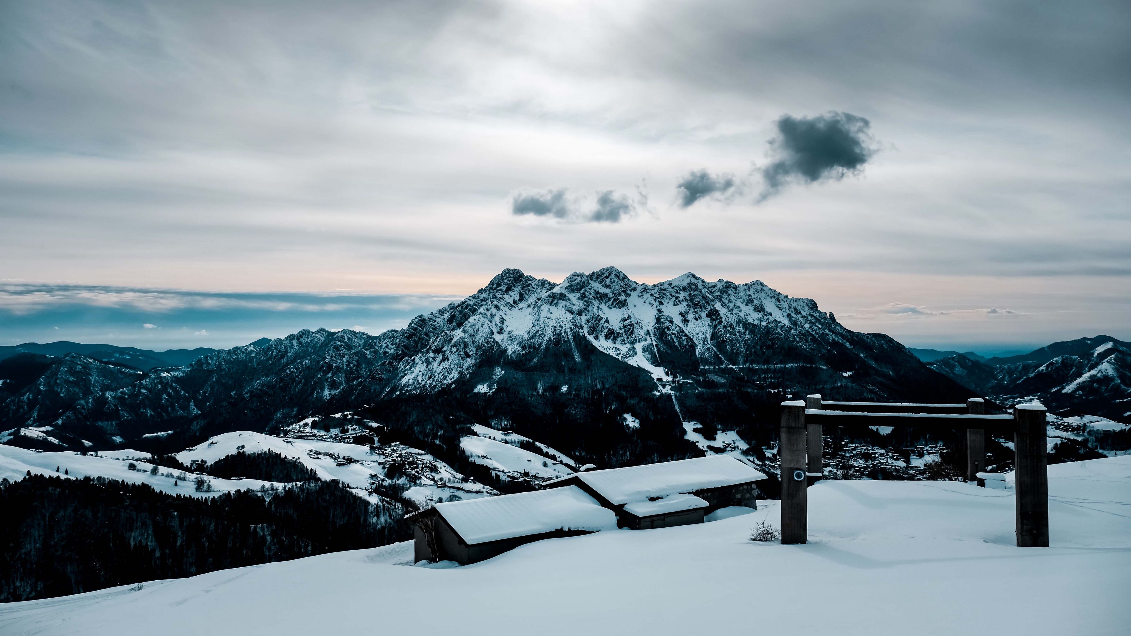 snow, mountains, peaks, buildings, 4k, HD Wallpaper