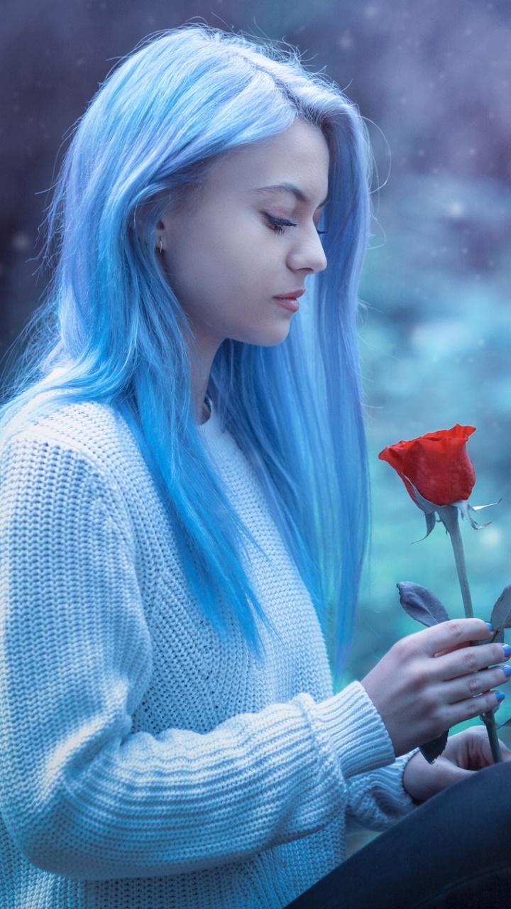 Women Mood, Blue Hair, Red Rose, Model, 720x1280, Phone HD Wallpaper