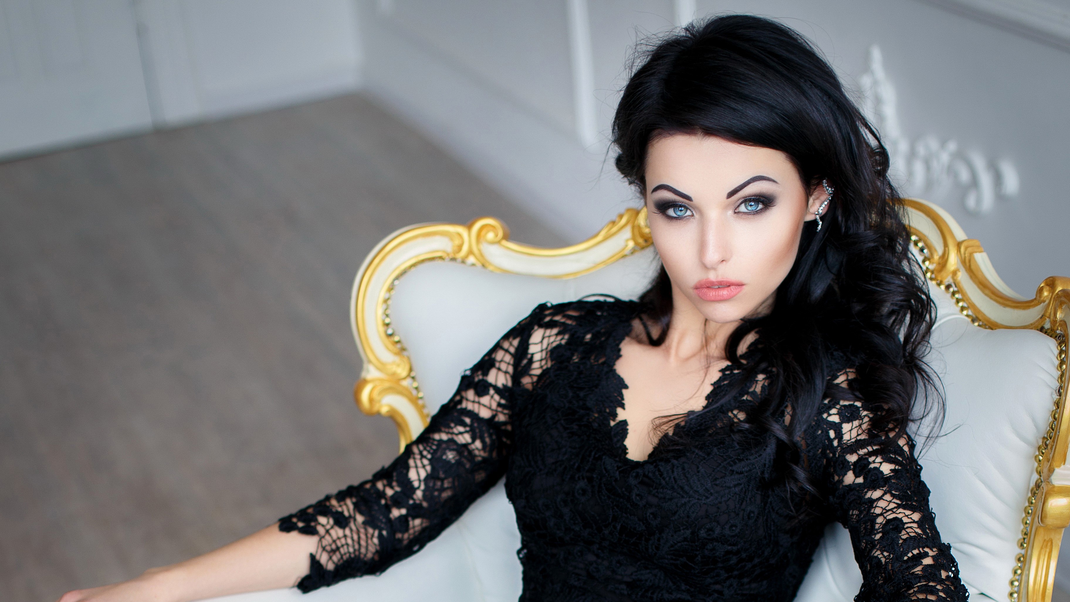 brunette, girls, model, hd, 4k, black, dress, black dress, HD Wallpaper