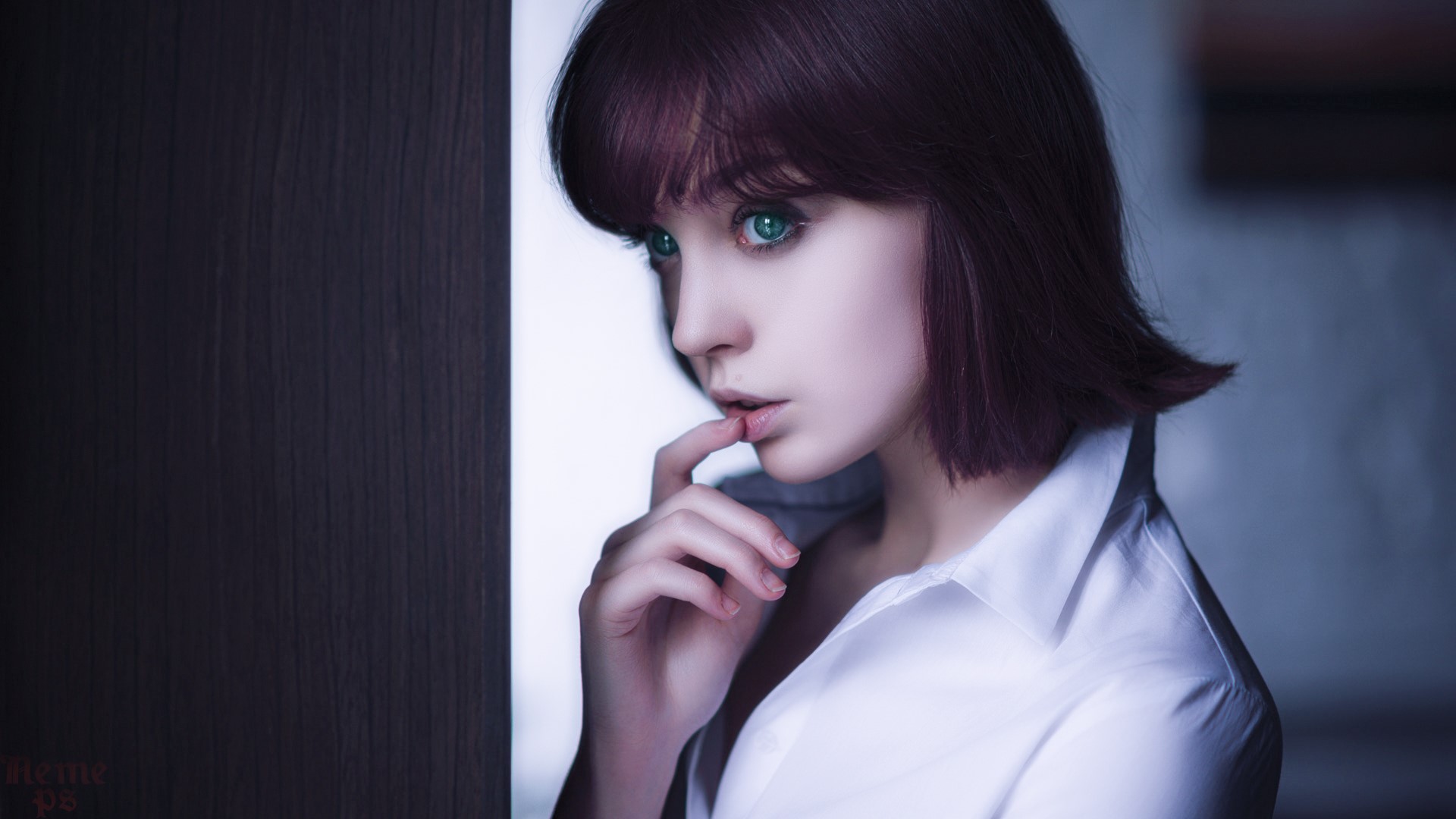 purple, hair, green, eyes, girls, model, hd, artist, HD Wallpaper