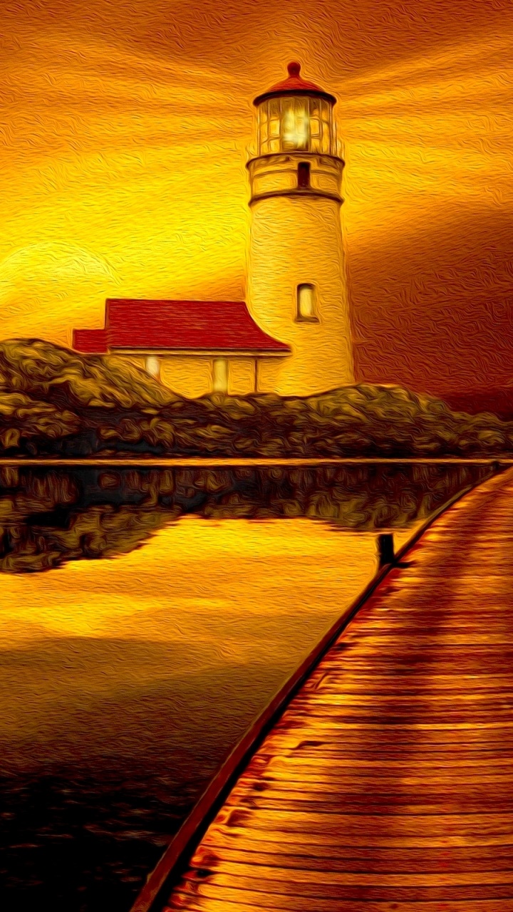 Artistic Sunset, Lighthouse, Ocean, Pier, Earth, 720x1280, Phone HD Wallpaper