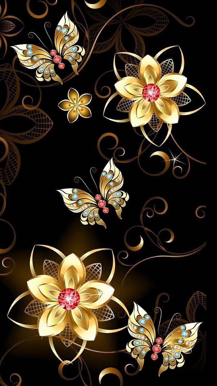 Artistic Flower, Butterfly, Jewelry, Gold, 720x1280, Phone HD Wallpaper