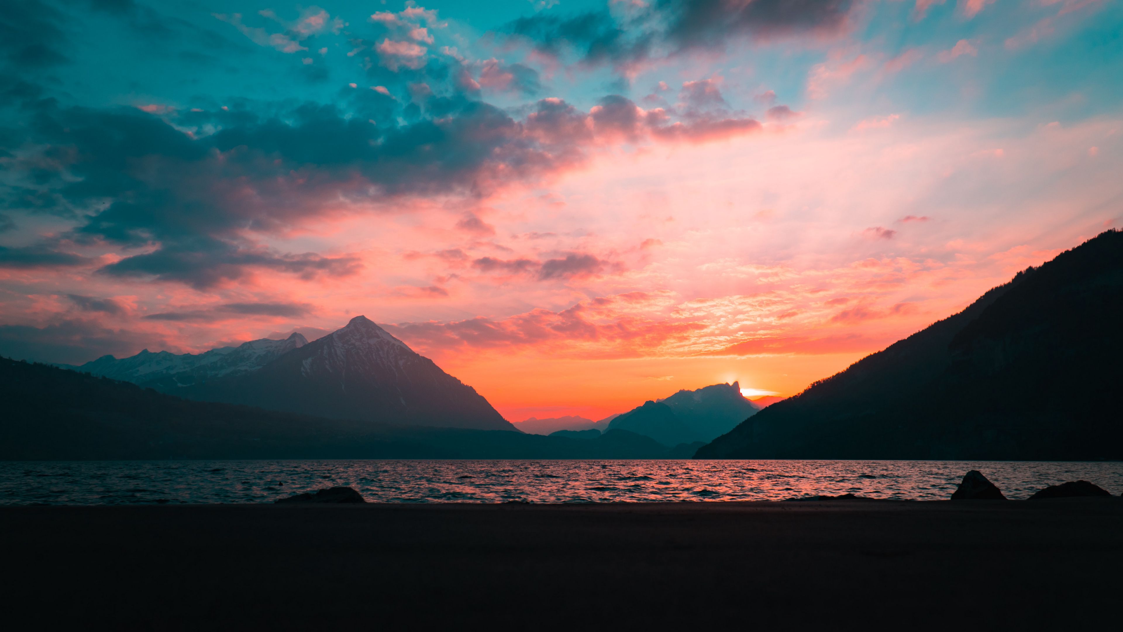 mountains, peaks, sea, sunset, fog, 4k, HD Wallpaper