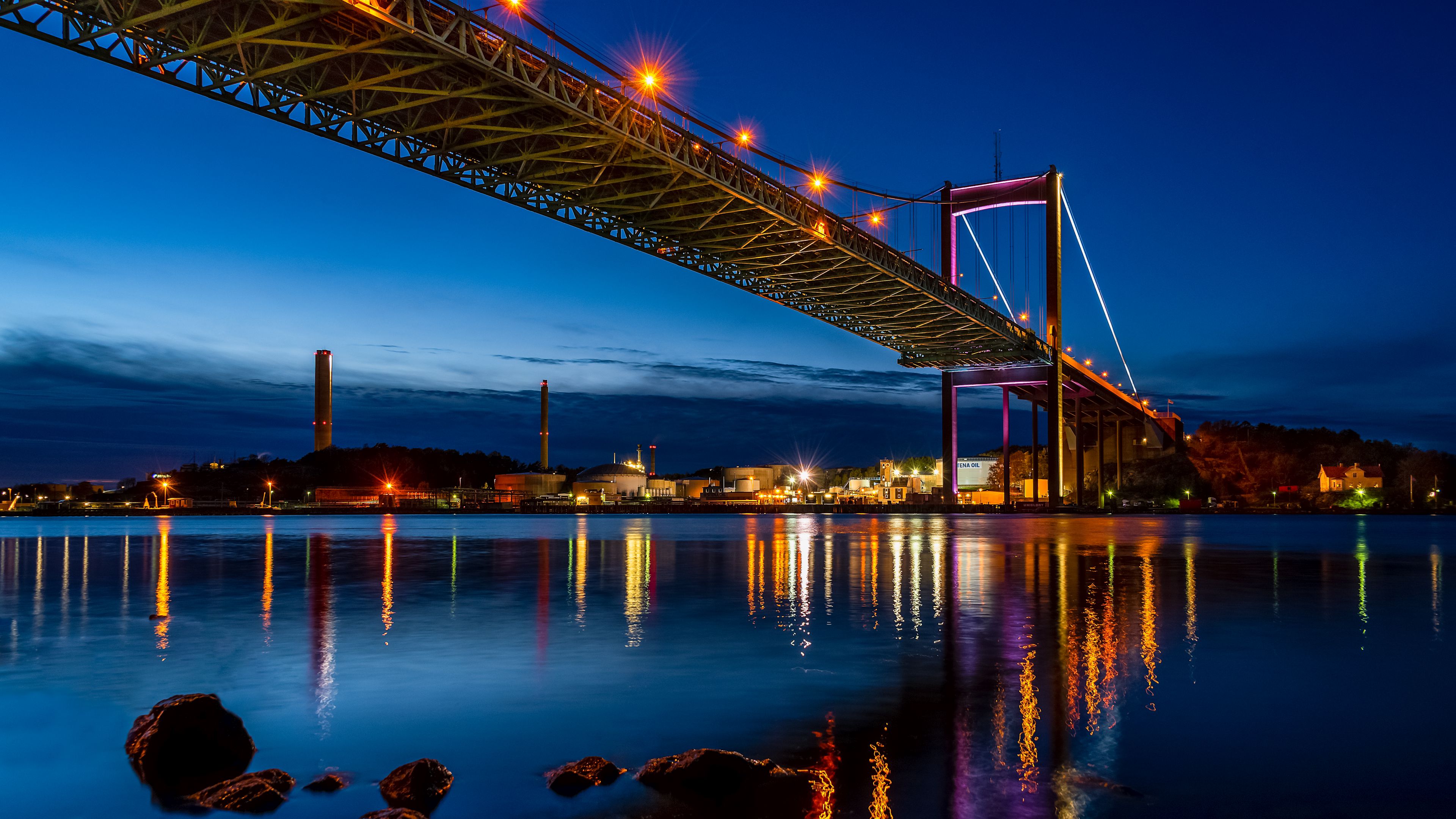 bridge, city, night, coast, lights, 4k, HD Wallpaper