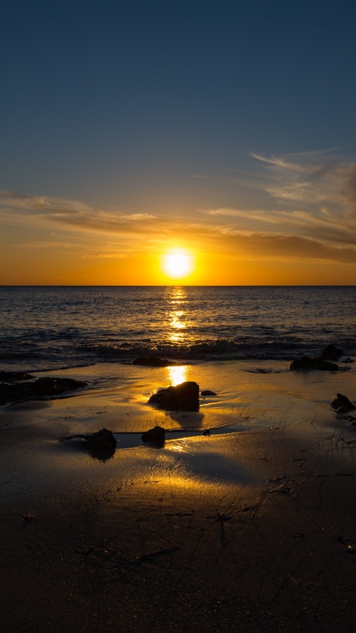 Earth Sunset, Beach, Horizon, Ocean, 720x1280, Phone HD Wallpaper