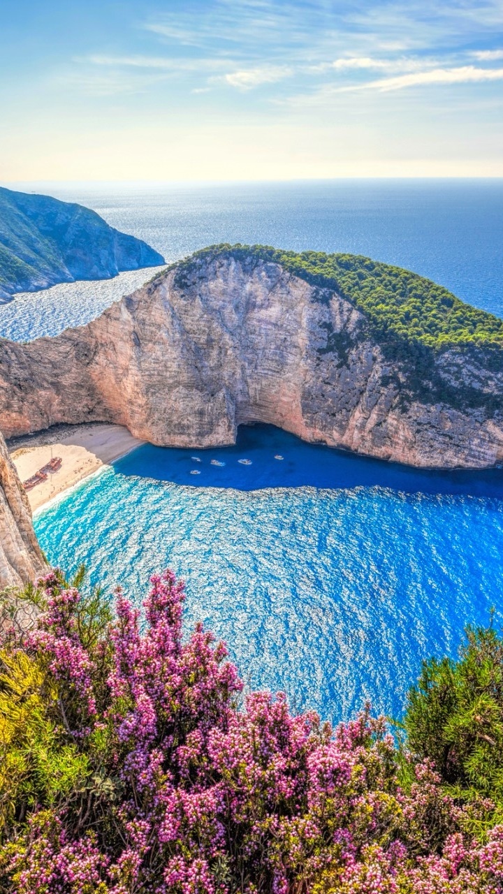 Earth Ocean, Greece, Cliff, Flower, Earth, Beach, 720x1280, Phone HD Wallpaper