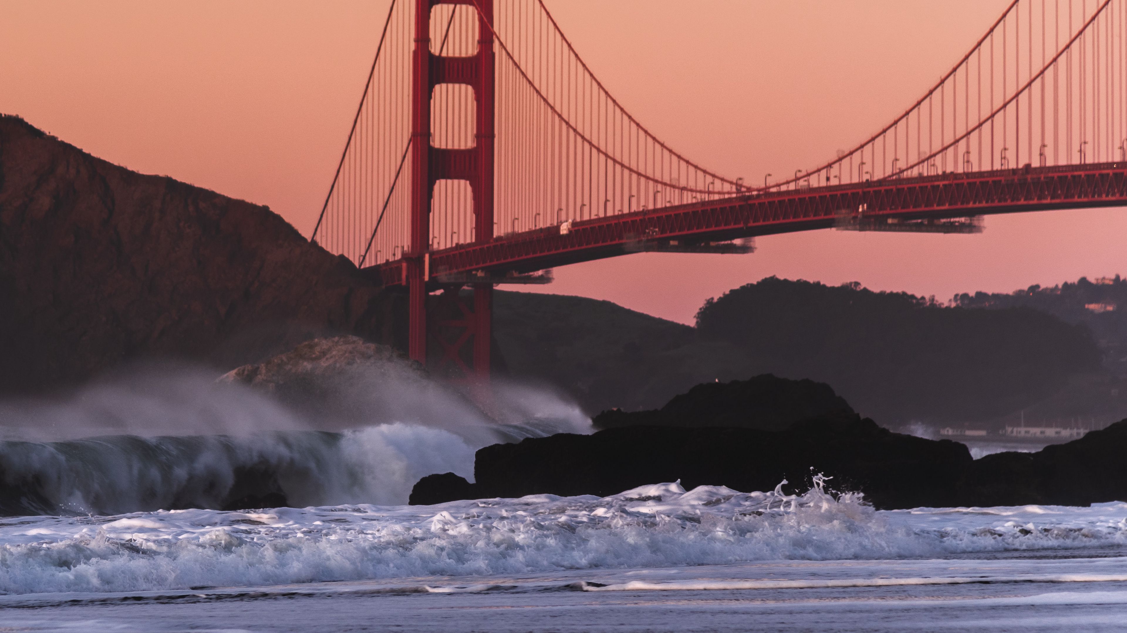 bridge, rocks, waves, spray, shore, 4k, HD Wallpaper
