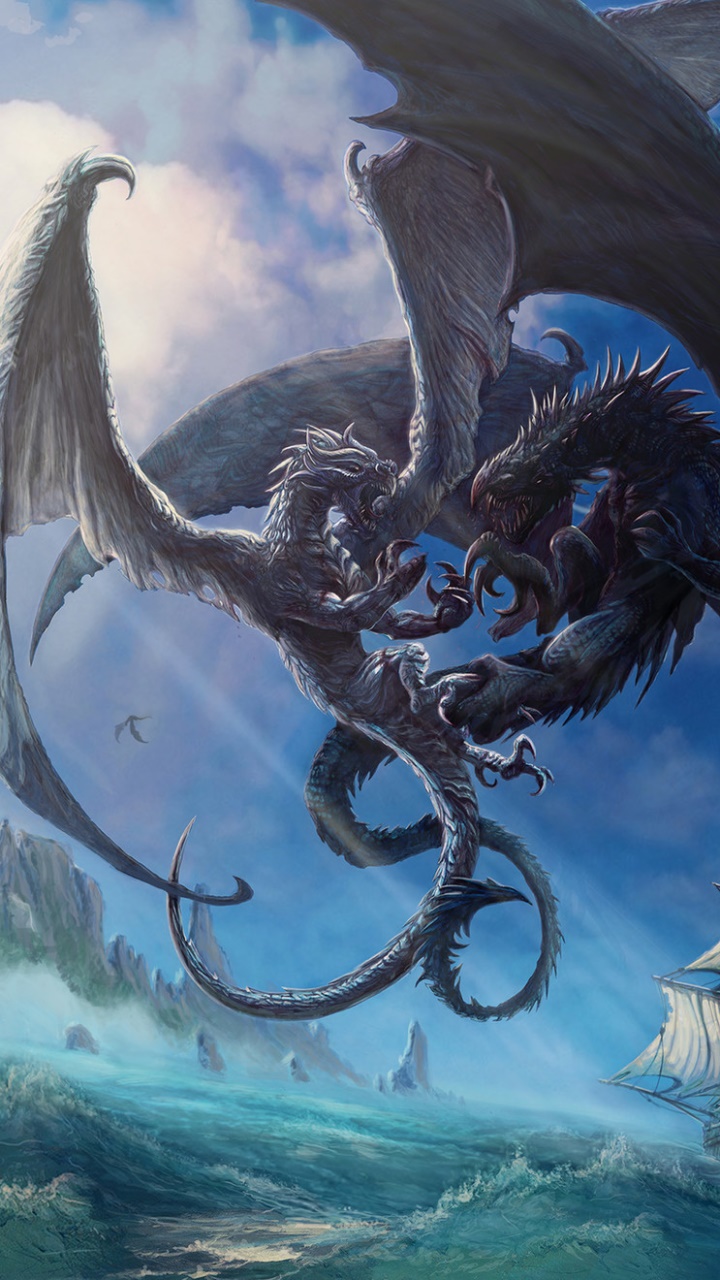 Fantasy Dragon, Wave, Boat, Fight, Ocean, 720x1280, Phone HD Wallpaper