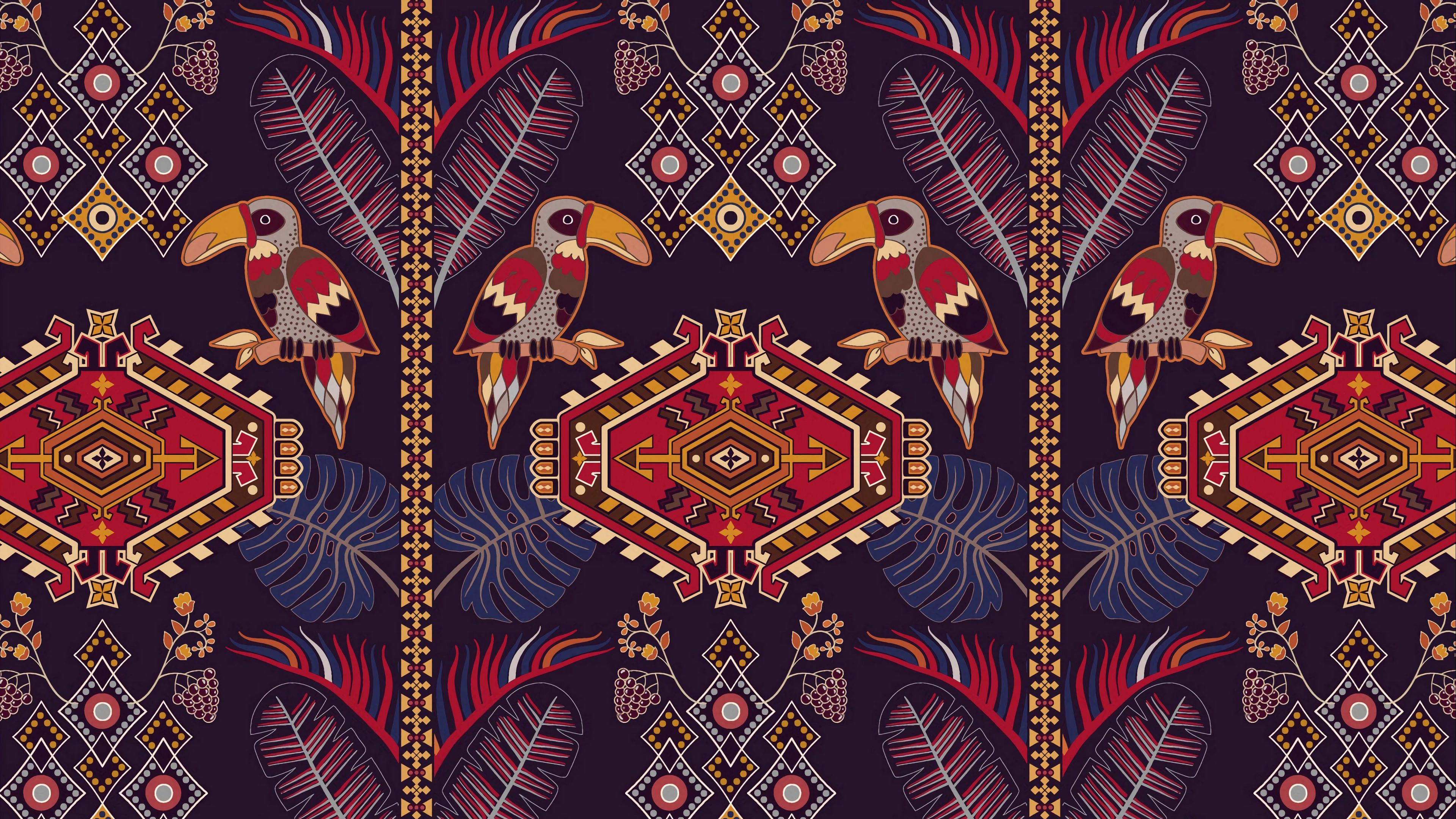pattern, ornament, motive, toucans, colorful, 4k, HD Wallpaper