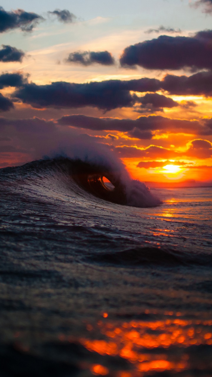 Earth Sunset, Wave, Sun, Ocean, Horizon, Sea, 720x1280, Phone HD Wallpaper