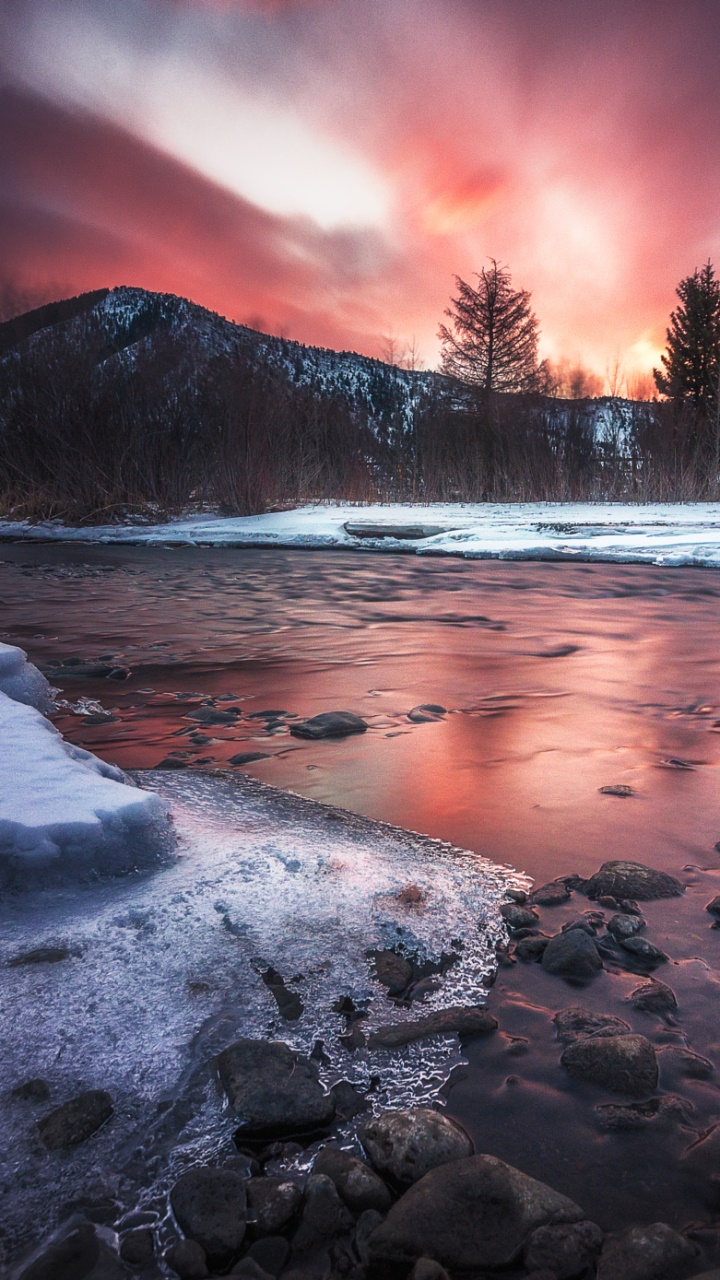 Earth Sunset, River, Ice, Landscape, Nature, Snow, 720x1280, Phone HD Wallpaper