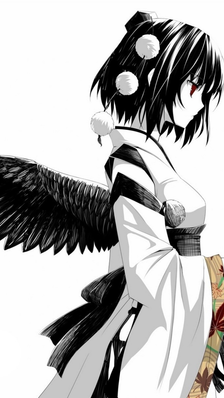 Anime Touhou, Red Eyes, Kimono, Angel, Japanese Clothes, Feather, 720x1280, Phone HD Wallpaper