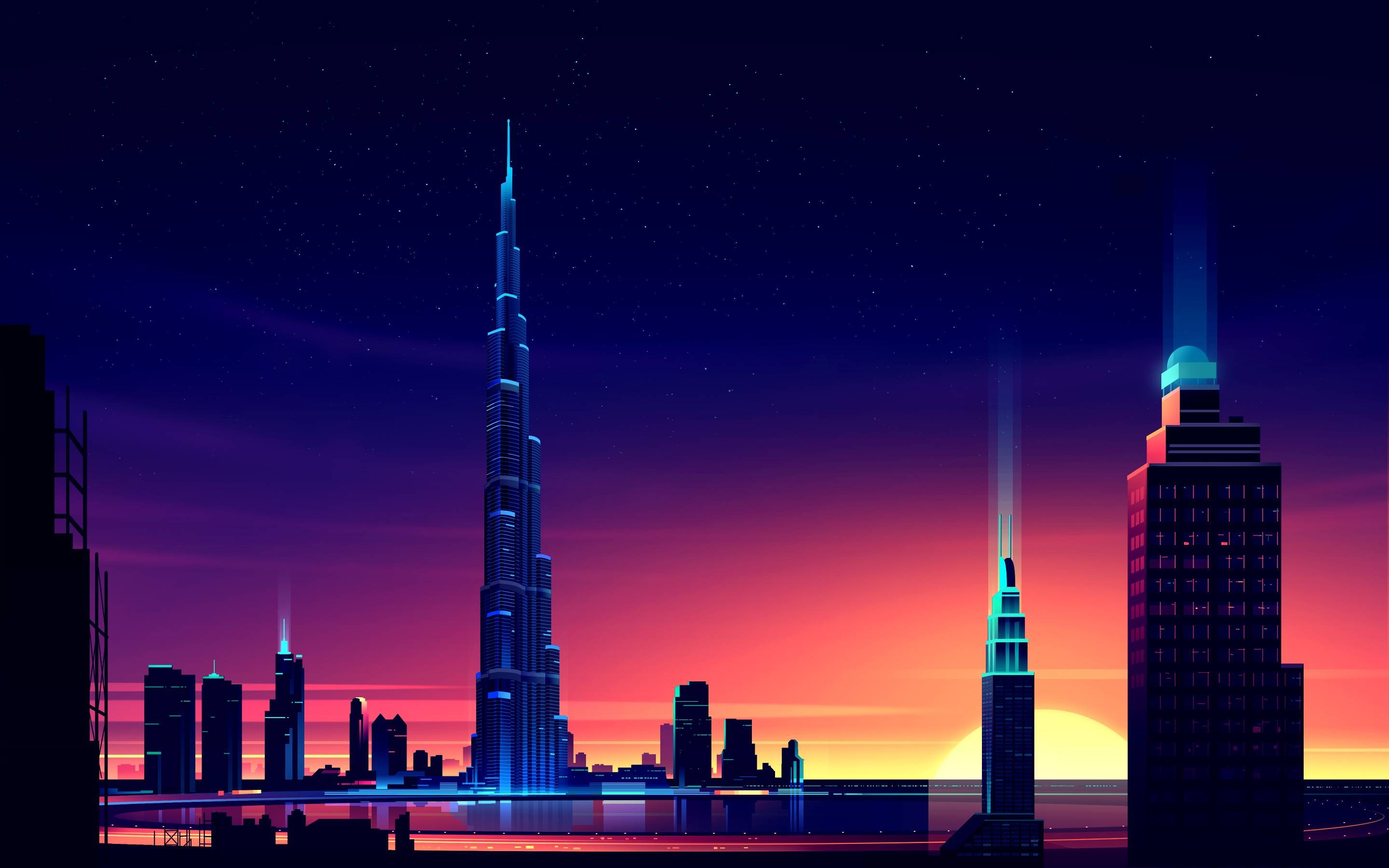 dubai, burj khalifa, minimalism, minimalist, artist, artwork, digital art, hd, world, city, neon, HD Wallpaper