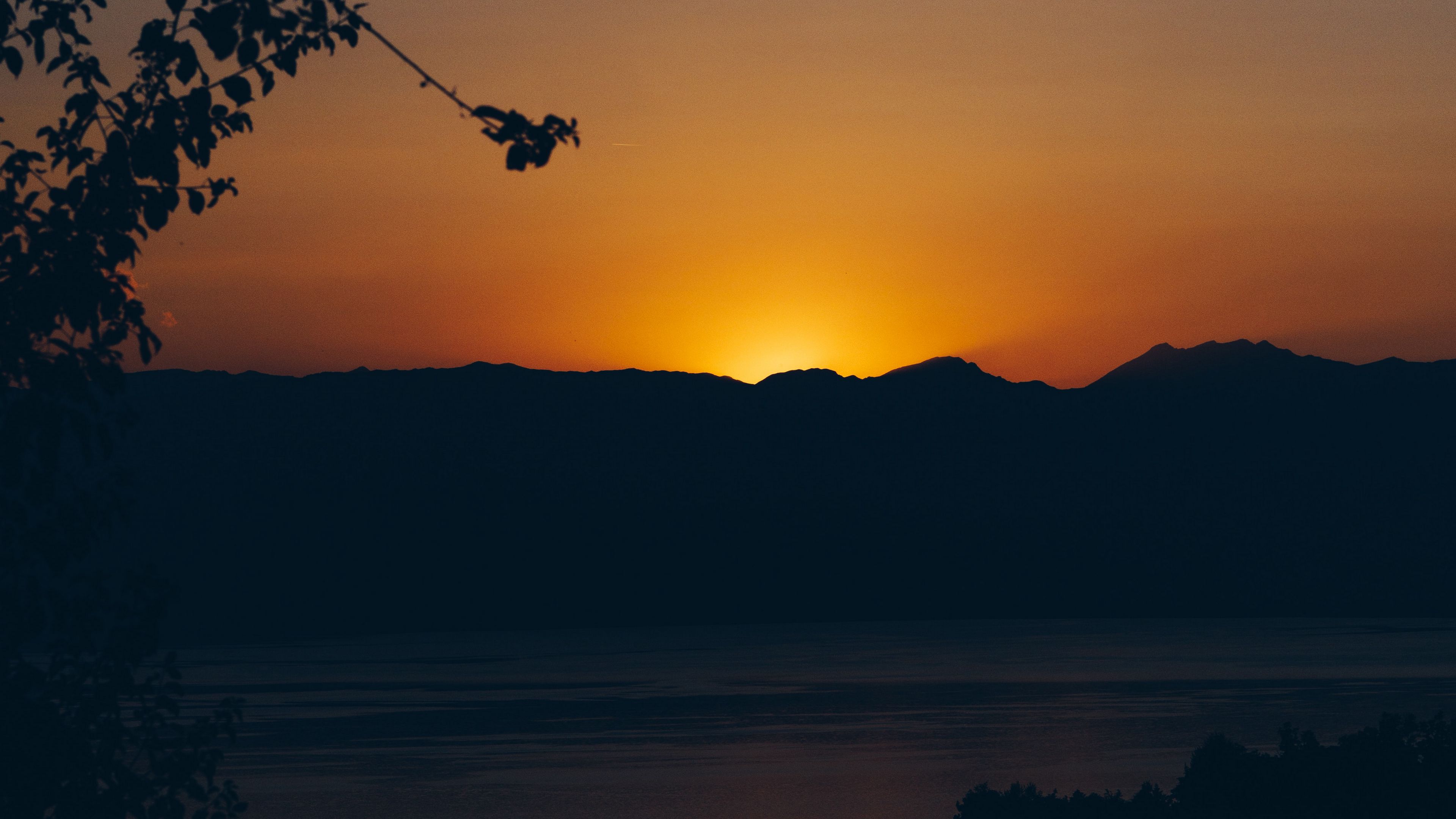 sunset, mountains, lake, dark, dusk, 4k, HD Wallpaper