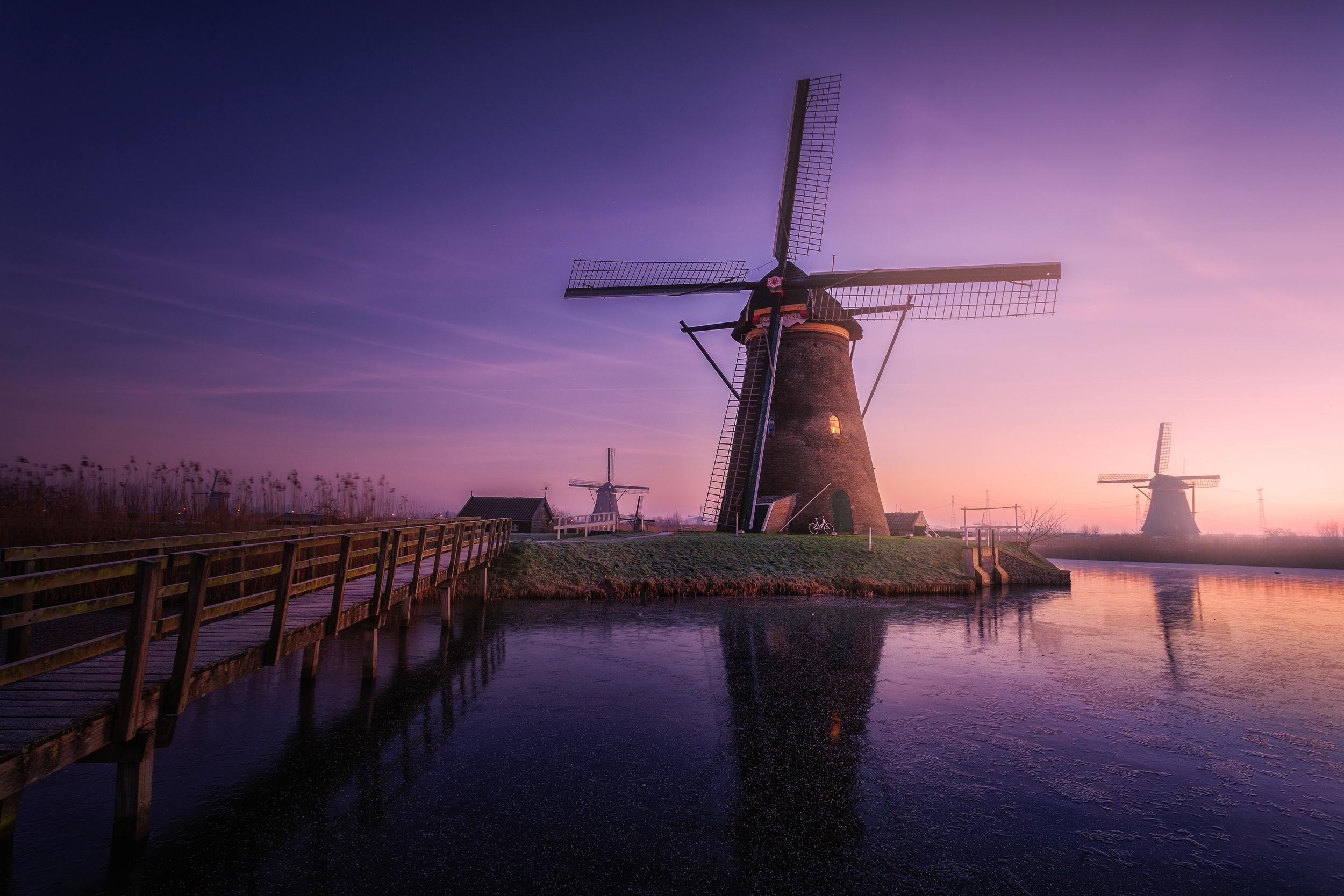 windmill, sunrise, field, reflections, nature, hd, sky, sunrise, HD Wallpaper