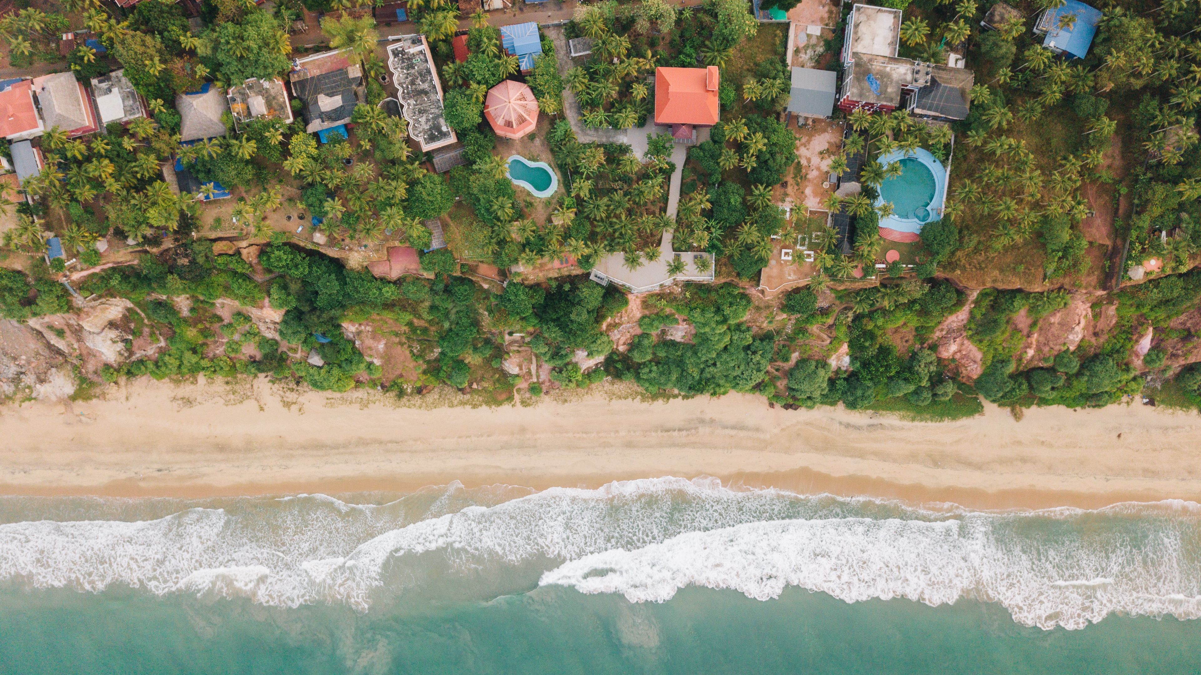 beach, coast, aerial view, buildings, palm trees, 4k, HD Wallpaper