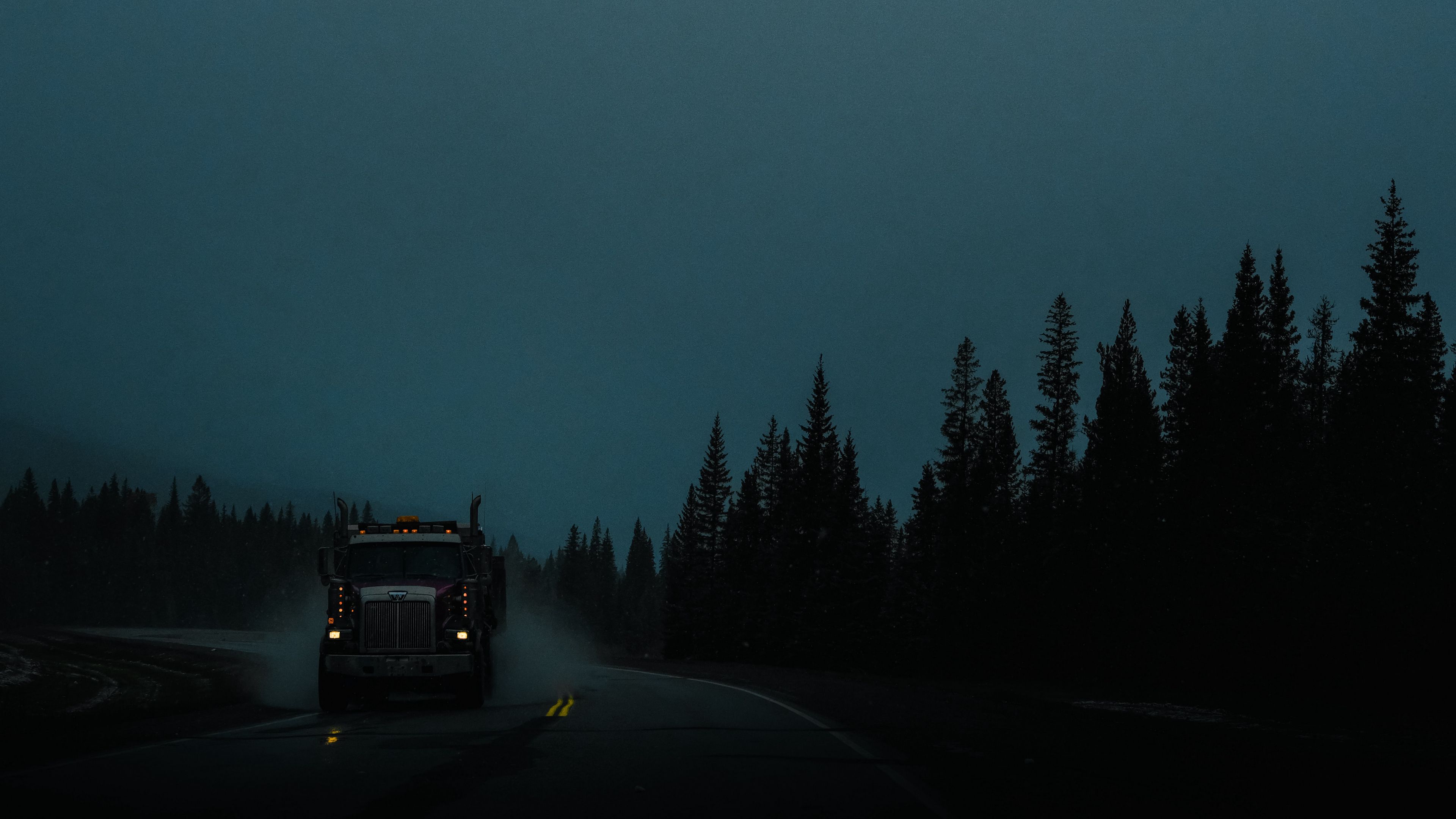 truck, machine, lights, road, evening, dusk, 4k, HD Wallpaper