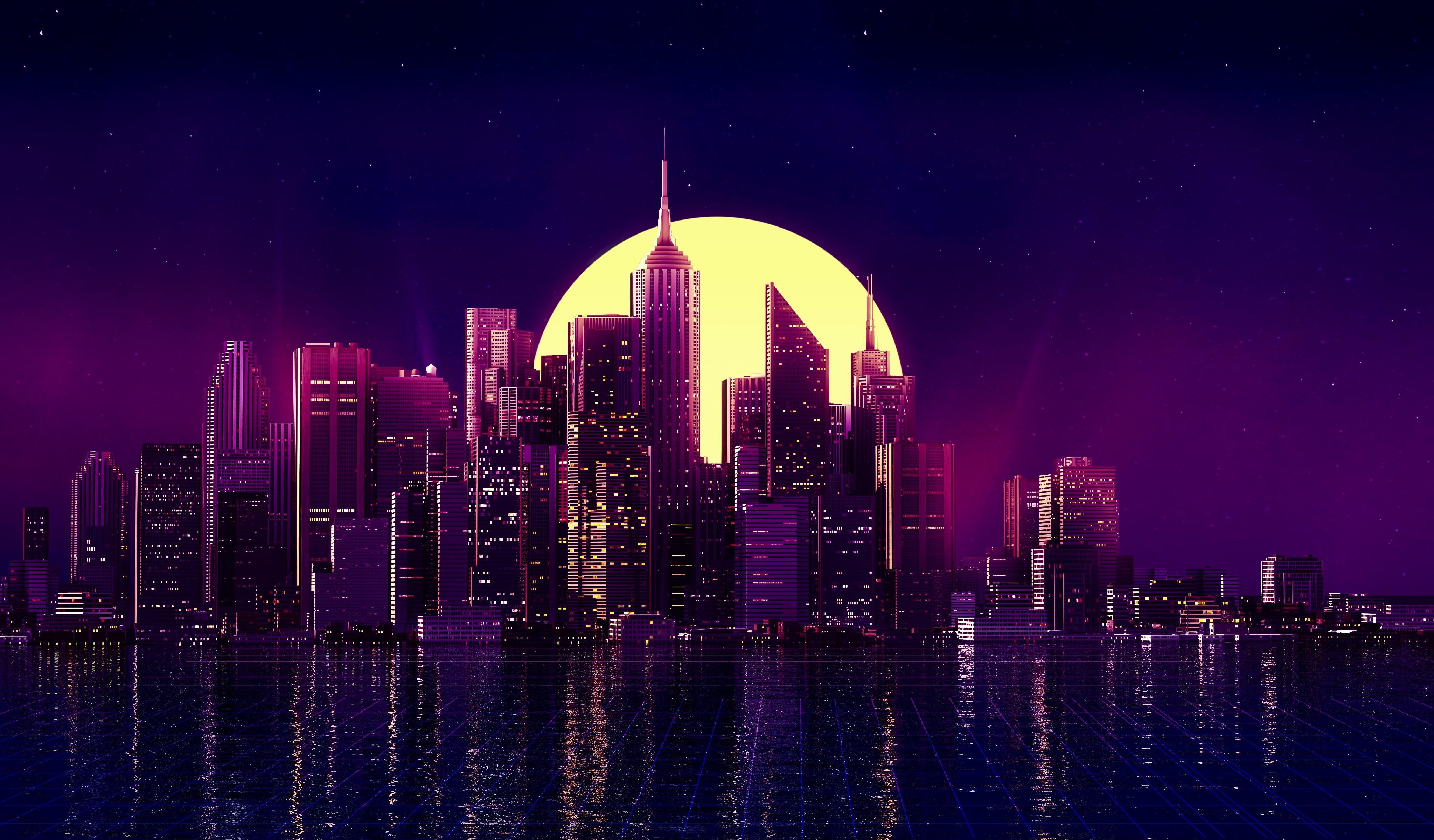 neon, city, buildings, reflection, skycrapper, artist, artwork, digital art, hd, 4k, minimalism, minimalist, HD Wallpaper