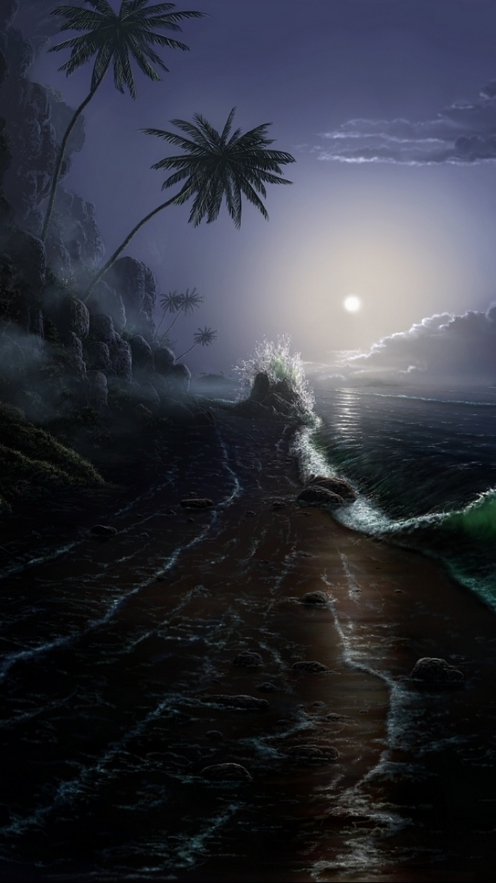 Artistic Ocean, Night, Beach, Wave, Moon, 720x1280, Phone HD Wallpaper