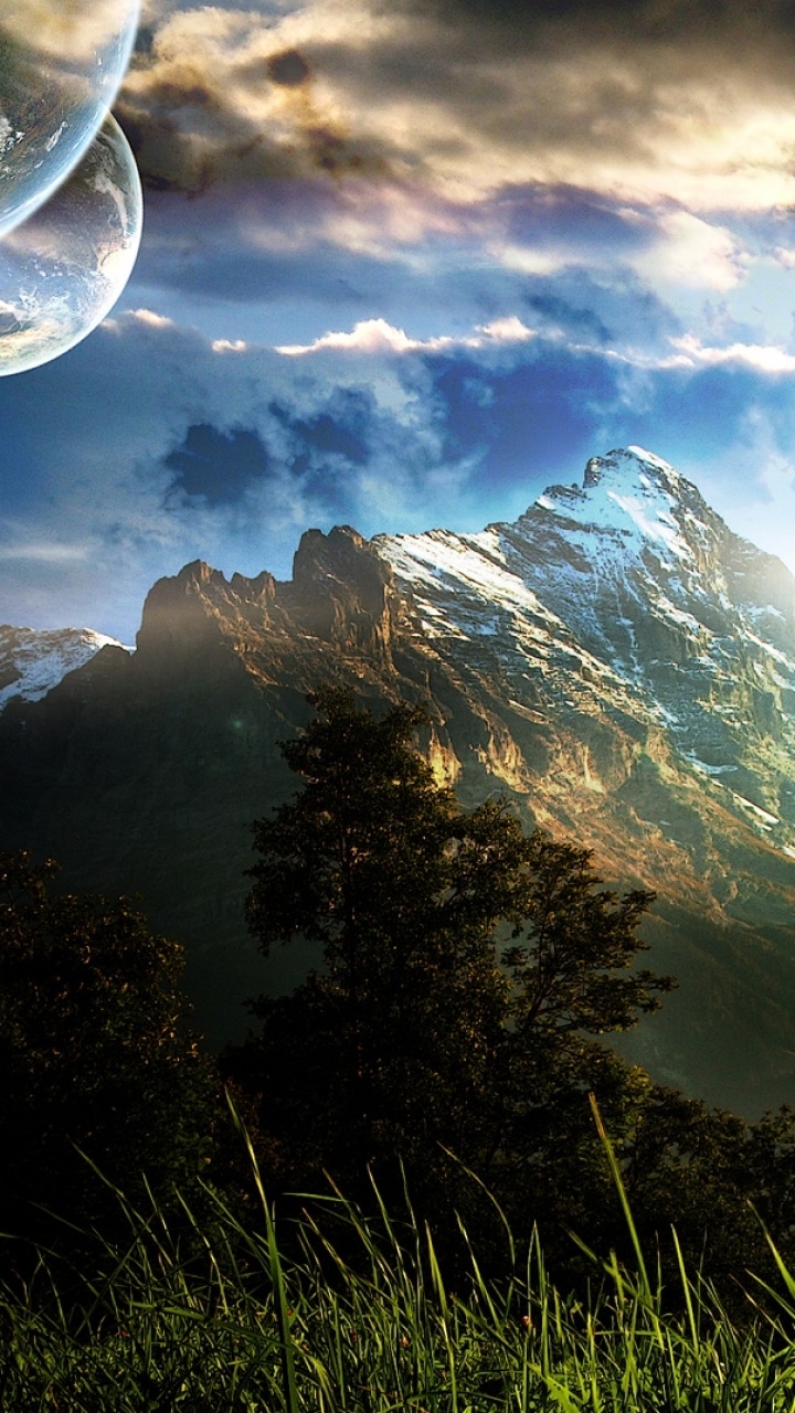 Sci Fi Landscape, Grass, Planet, Mountain, Sun, 720x1280, Phone HD Wallpaper