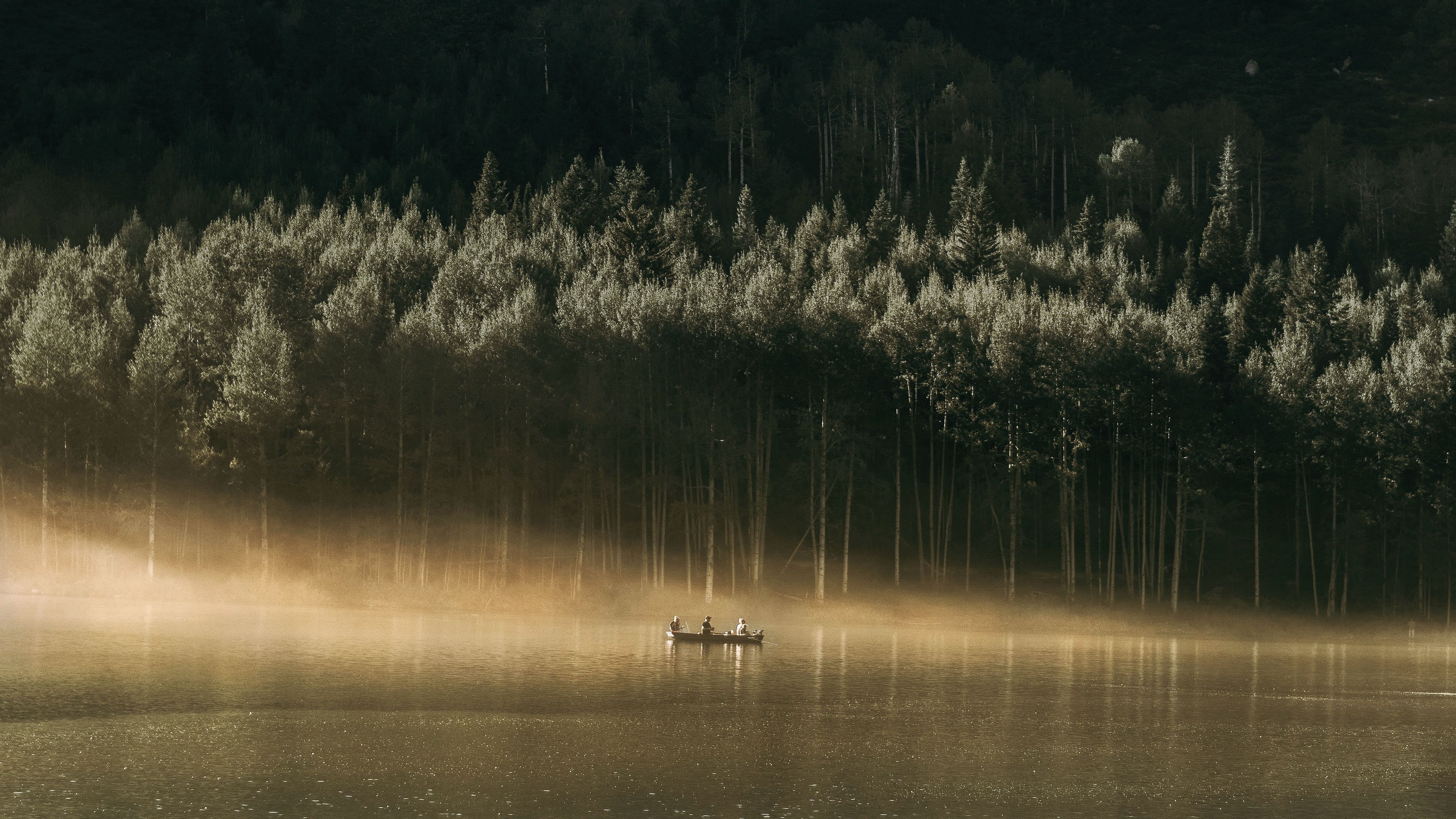 boat, forest, hill, water, fog, 4k, HD Wallpaper