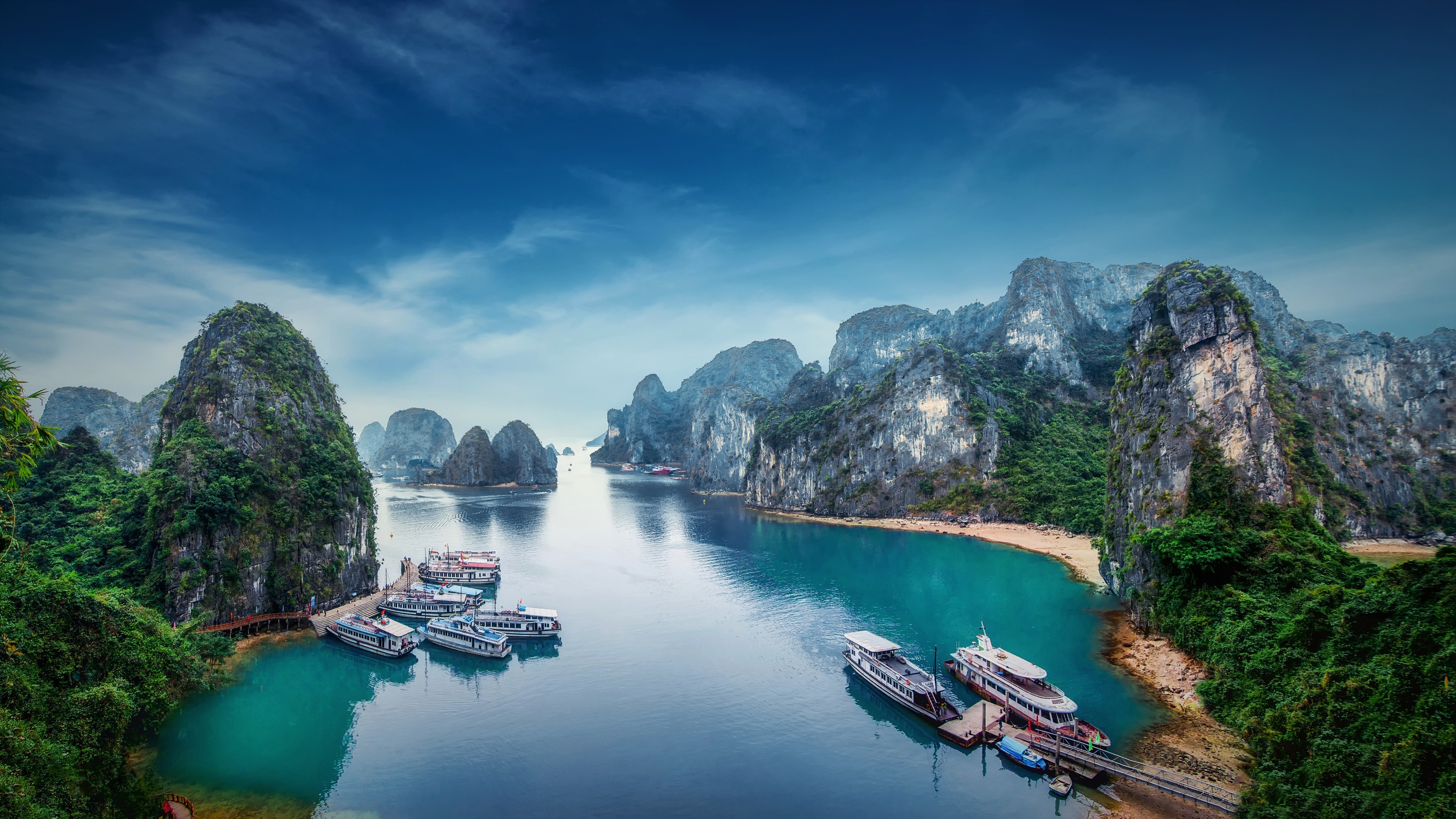 ha long bay, boats, lake, mountains, nature, hd, 4k, HD Wallpaper