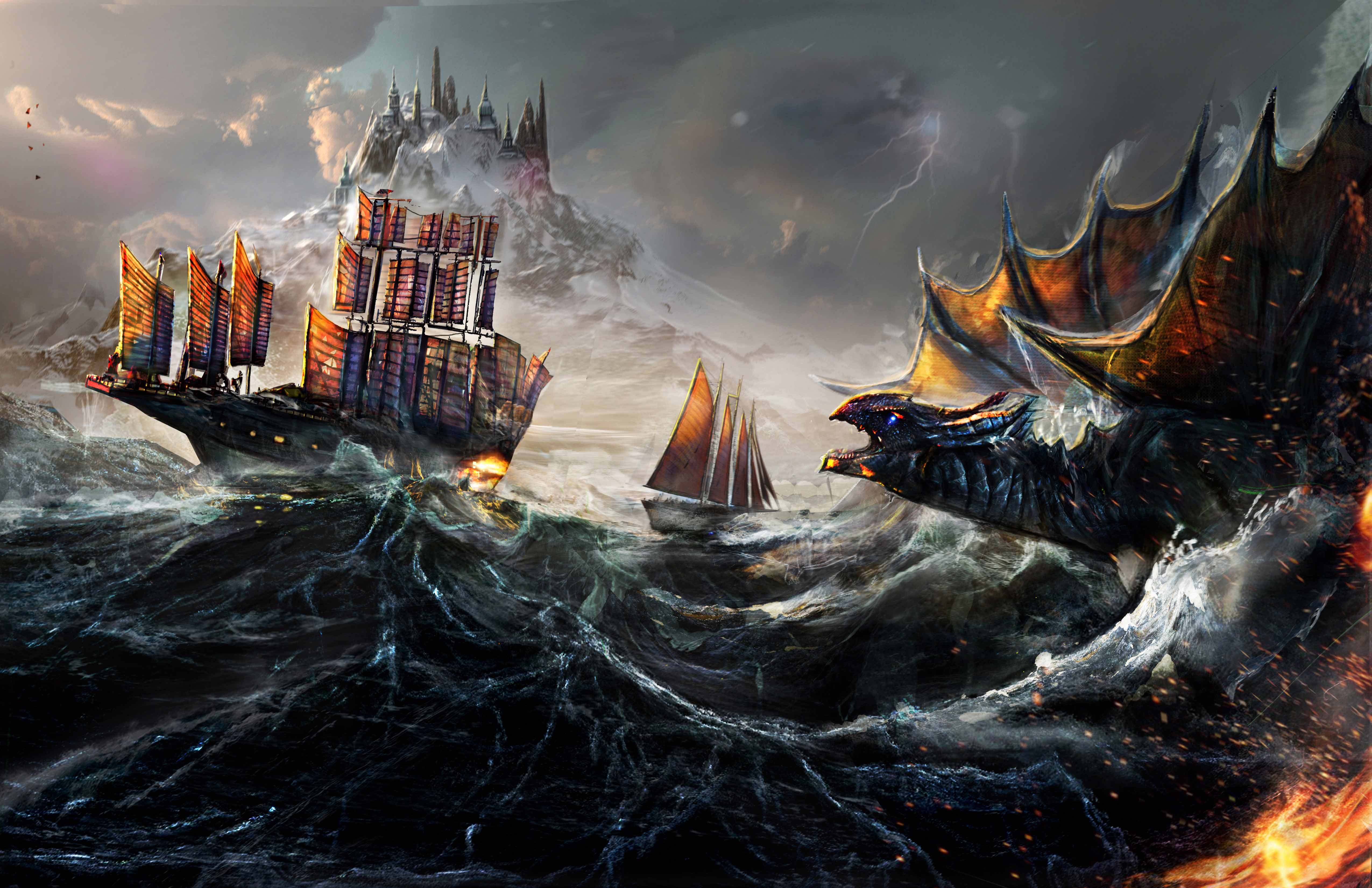 dragon, ocean, ship, painting, artist, artwork, digital art, hd, 4k, 5k, deviantart, HD Wallpaper