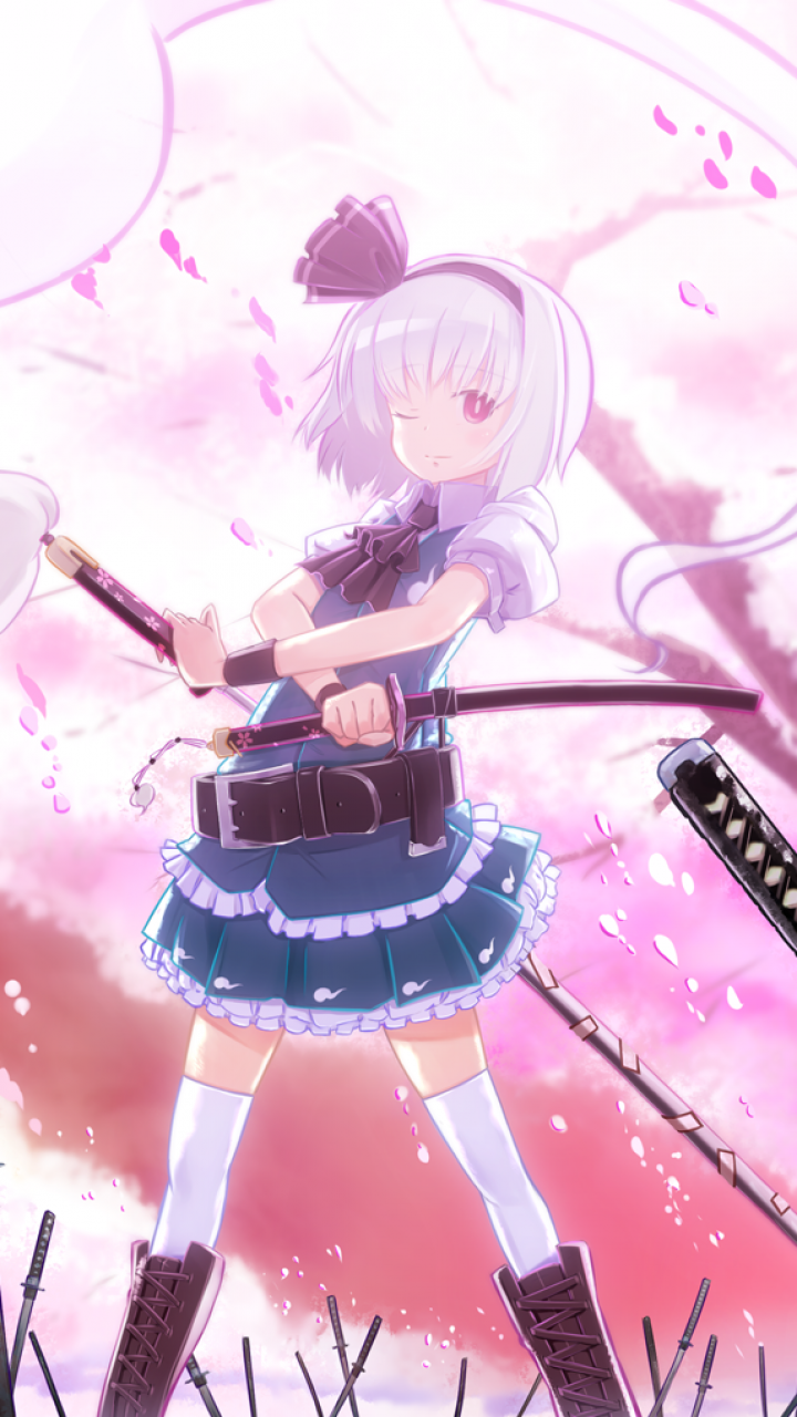 Anime Touhou, Sword, Petal, Short Hair, Cherry Blossom, Sky, 720x1280, Phone HD Wallpaper