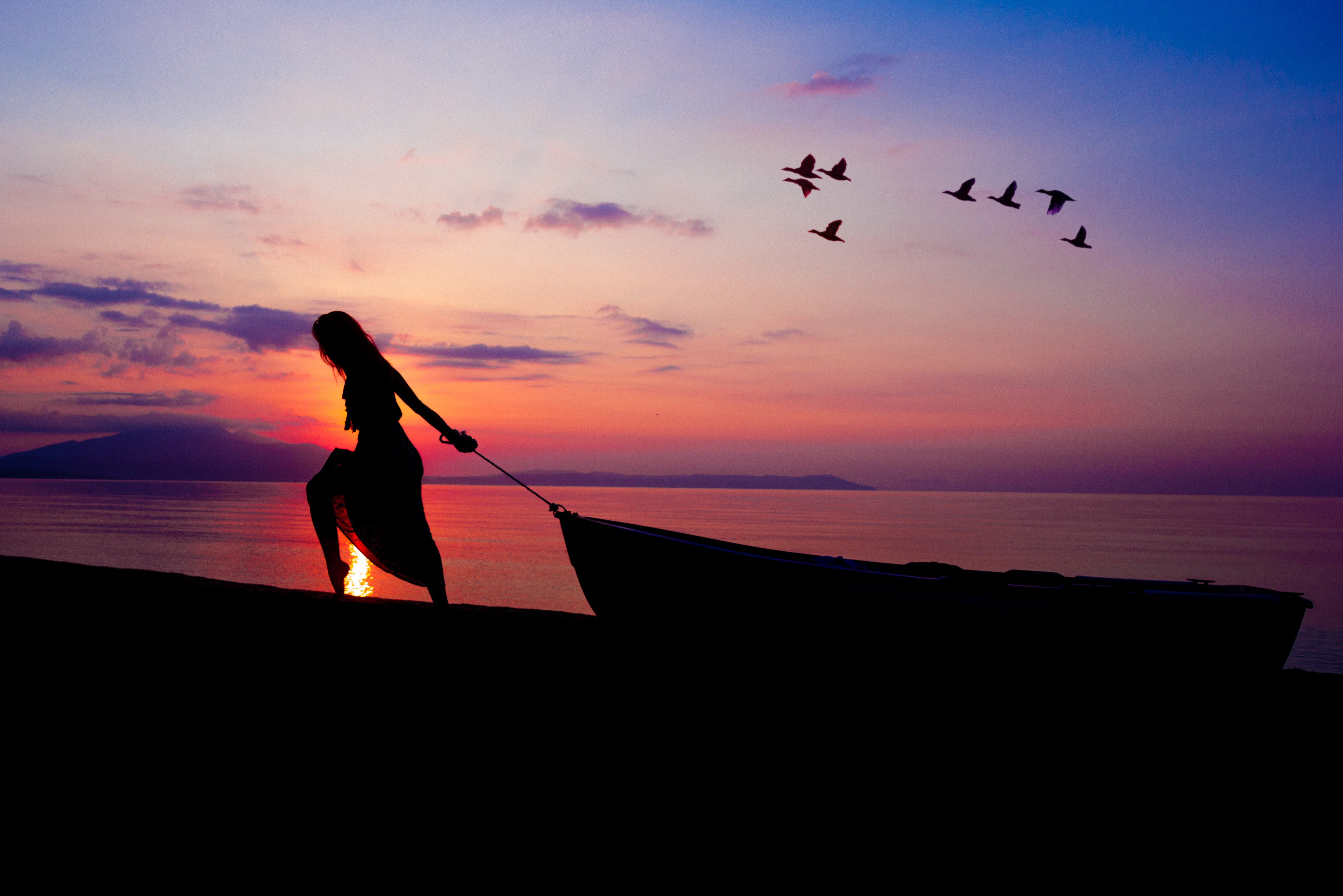 silhouette, beach, boat, sunset, dusk, dawn, nature, hd, sunrise, 4k, 5k, HD Wallpaper