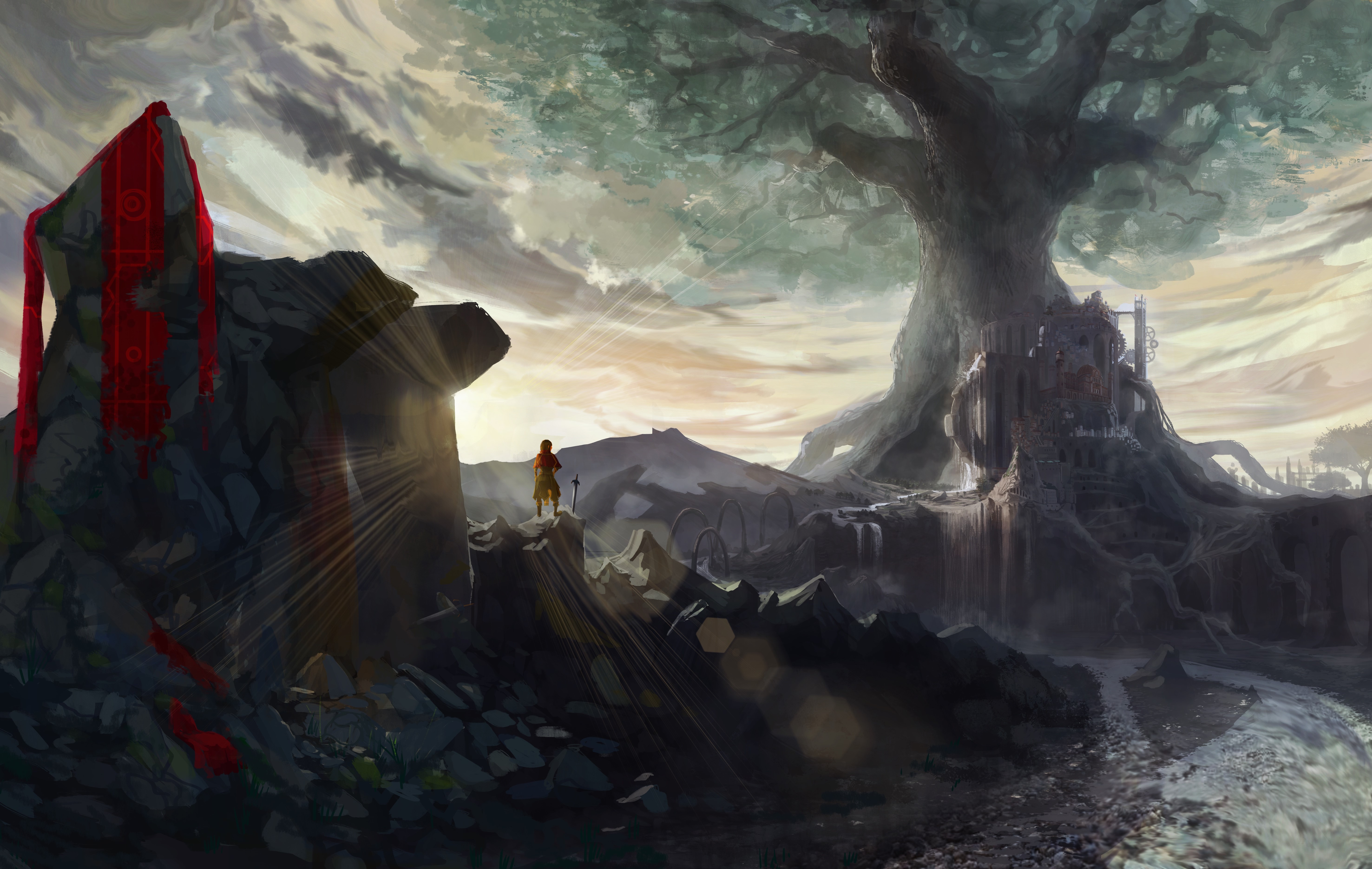 anime girl, mountain, artwork, artist, digital art, hd, sword, 4k, 5k, HD Wallpaper