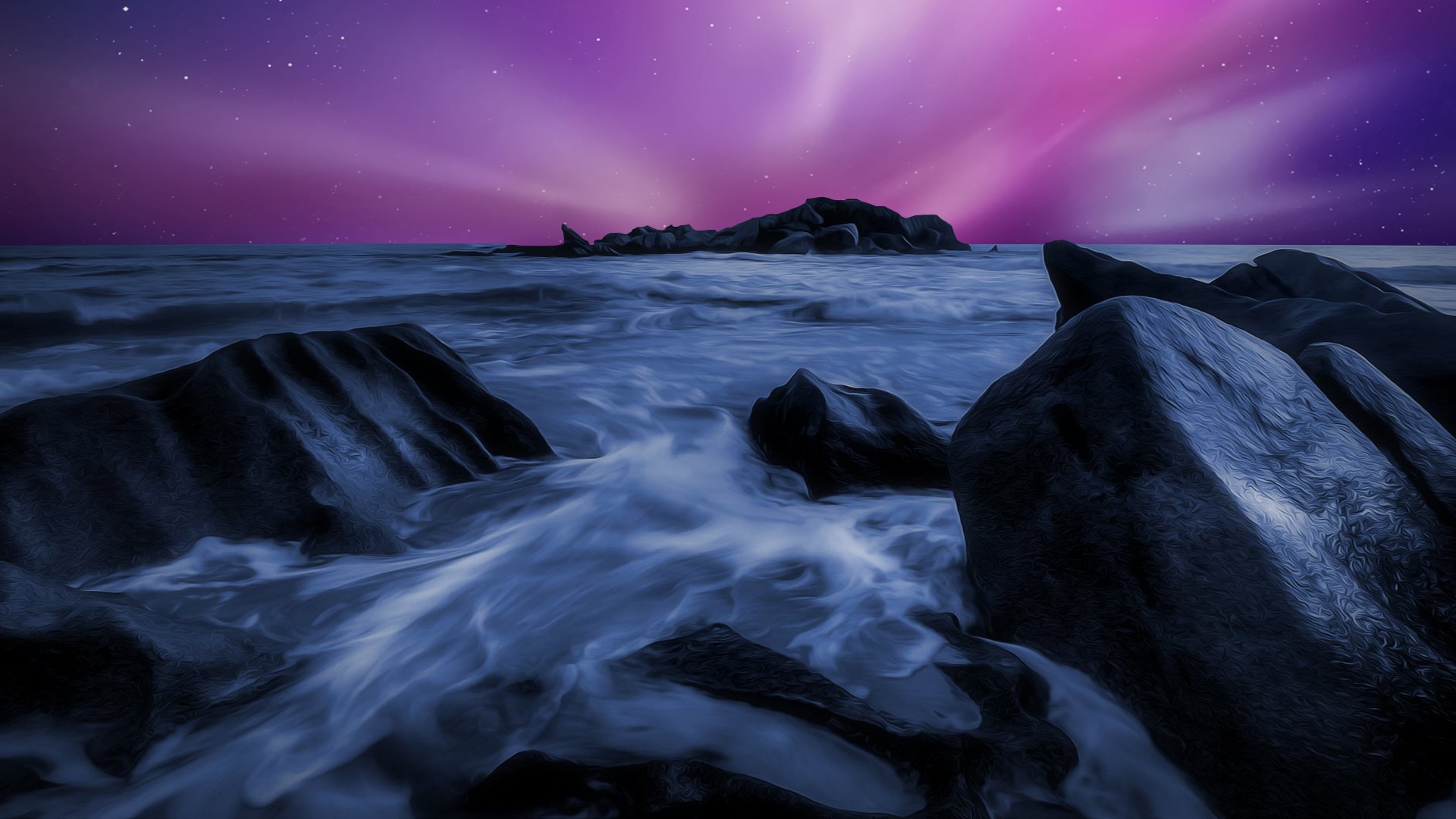 sea, night, rocks, artwork, hd, artist, digital art, HD Wallpaper