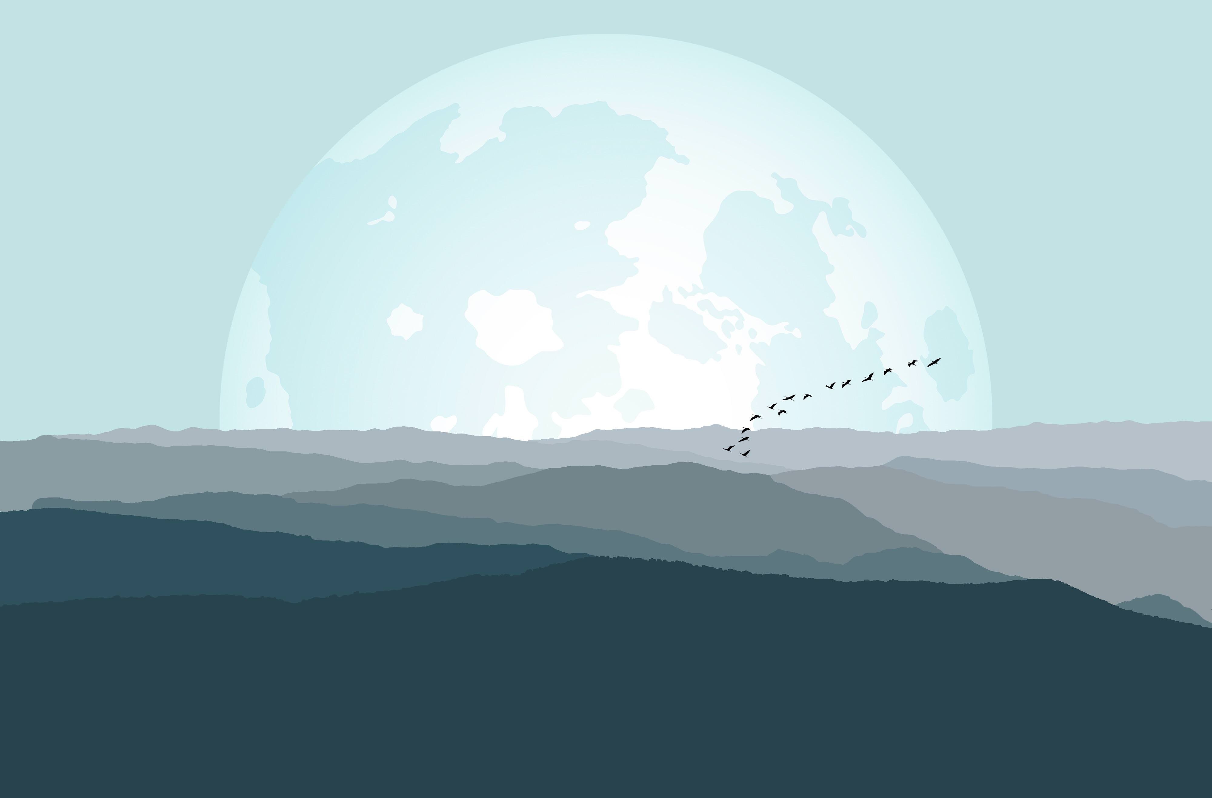 mountains, minimalism, artist, artwork, digital art, hd, 4k, birds, HD Wallpaper