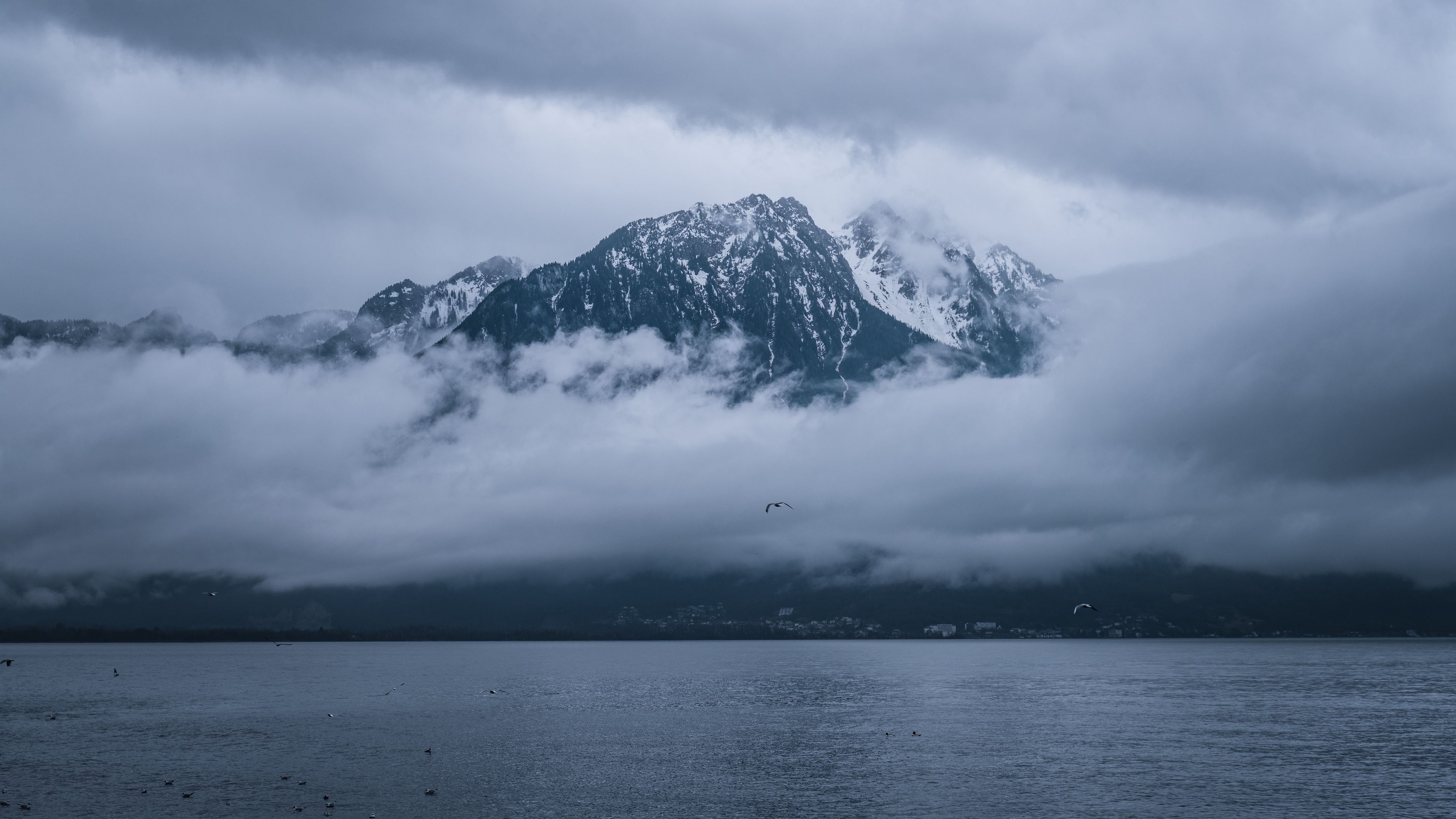 mountains, lake, clouds, shore, nature, 4k, HD Wallpaper