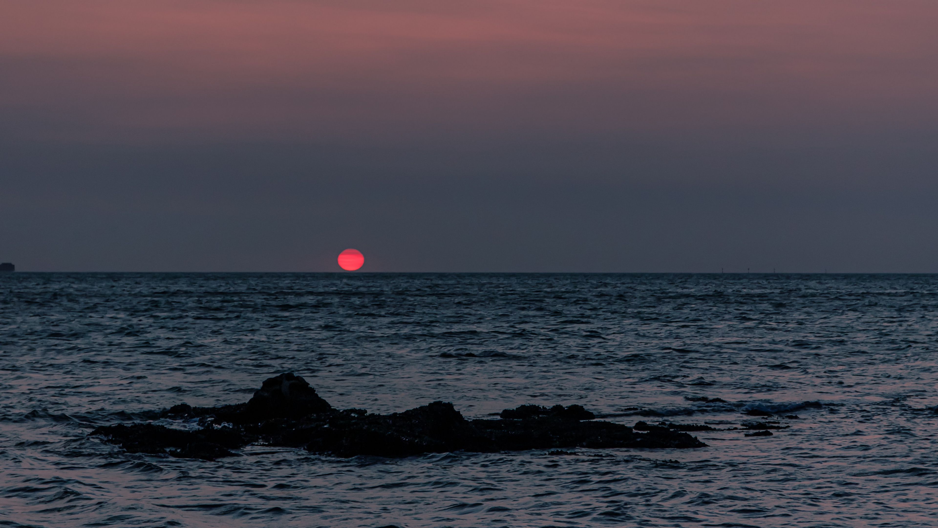 sea, sunset, horizon, water, rock, 4k, HD Wallpaper