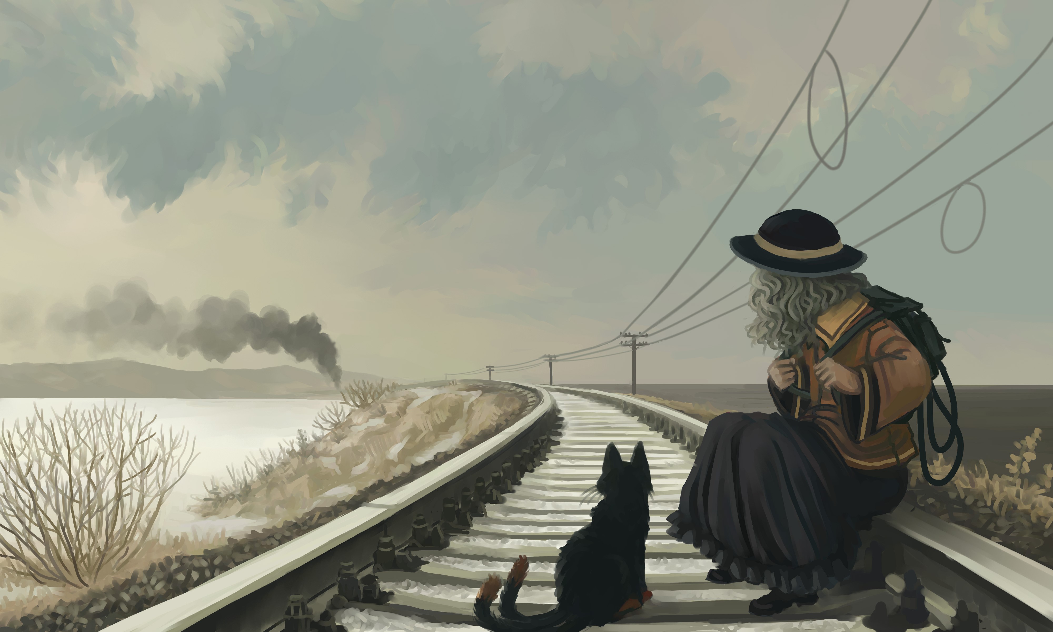 anime girl, anime, cat, railroad, hd, 4k, HD Wallpaper