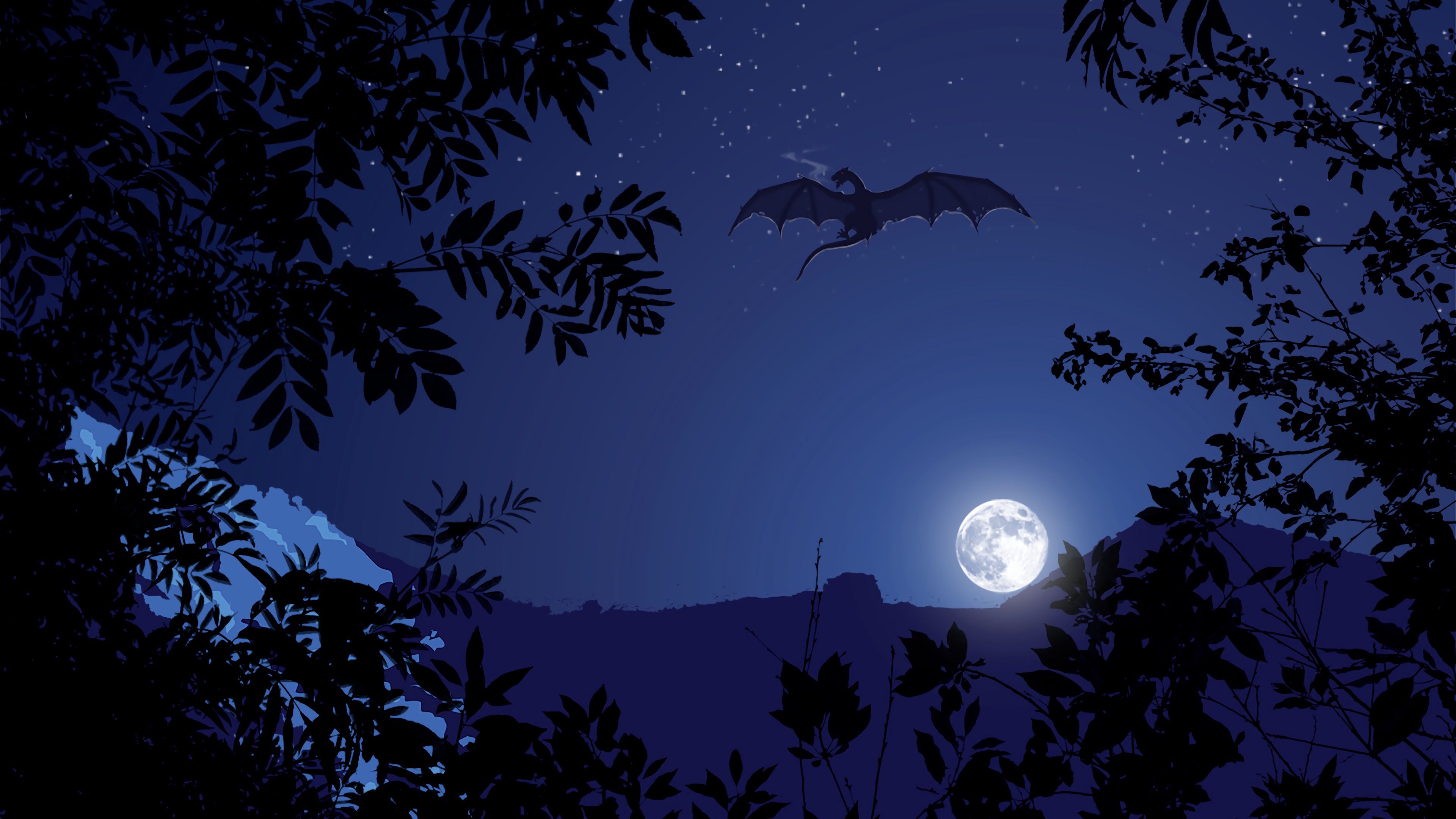 dragon, night, moon, art, fantasy, 4k, HD Wallpaper