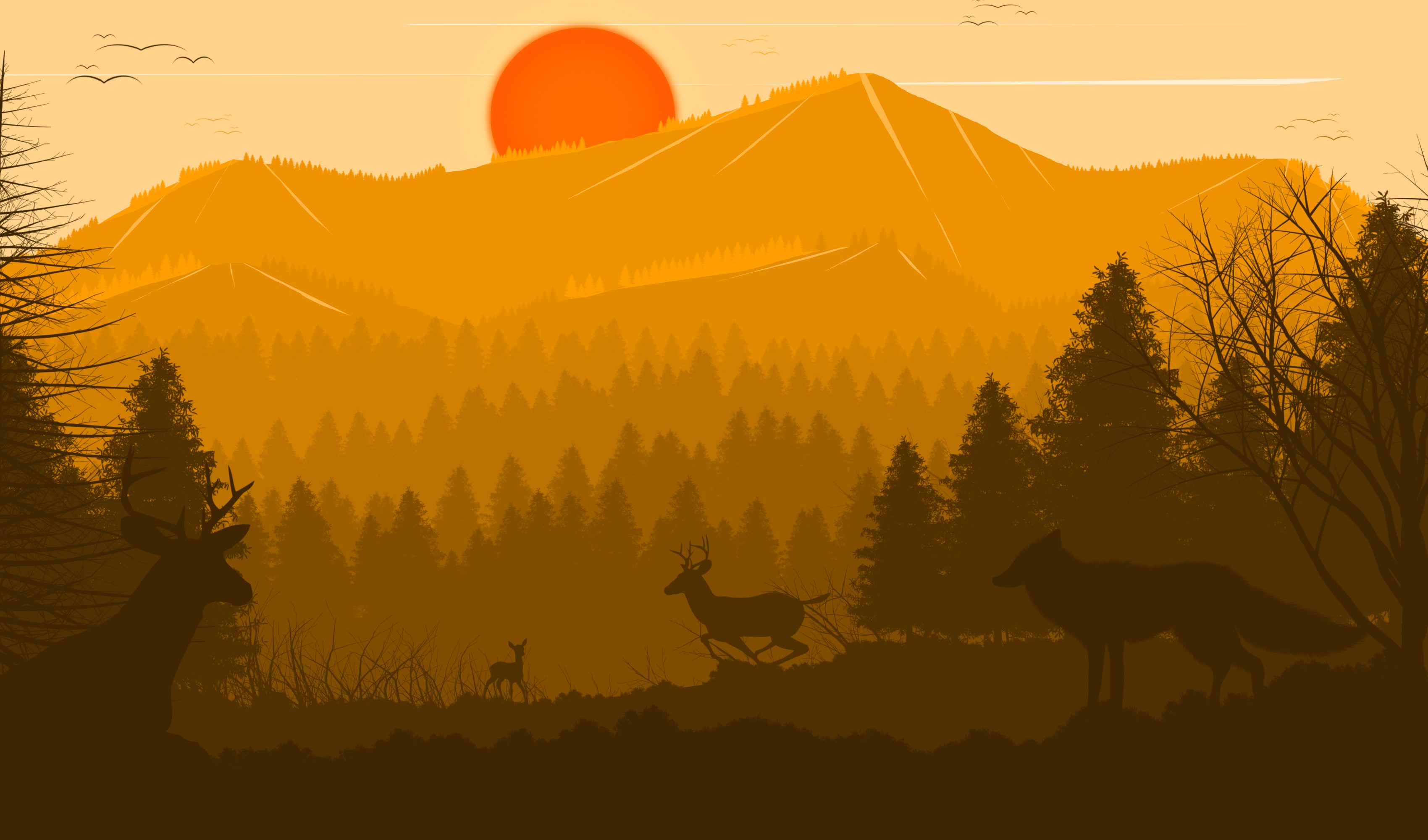 deviantart, deer, forest, fox, sun, trees, birds, artist, artwork, digital art, landscape, HD Wallpaper