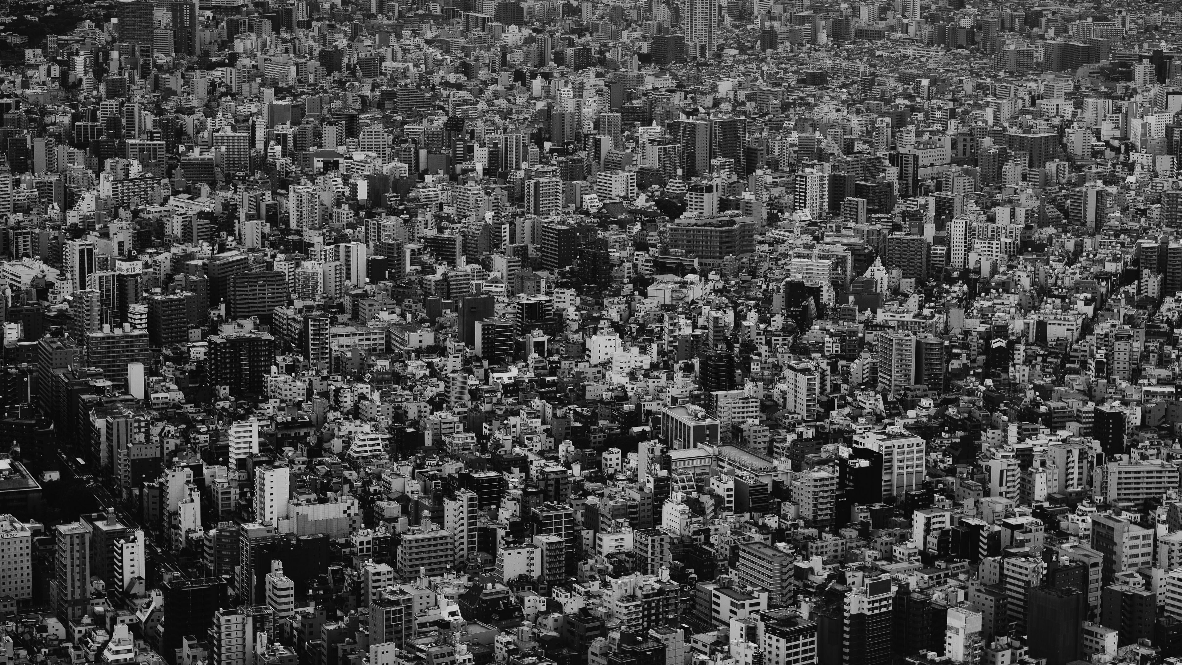 city, buildings, aerial view, metropolis, bw, 4k, HD Wallpaper