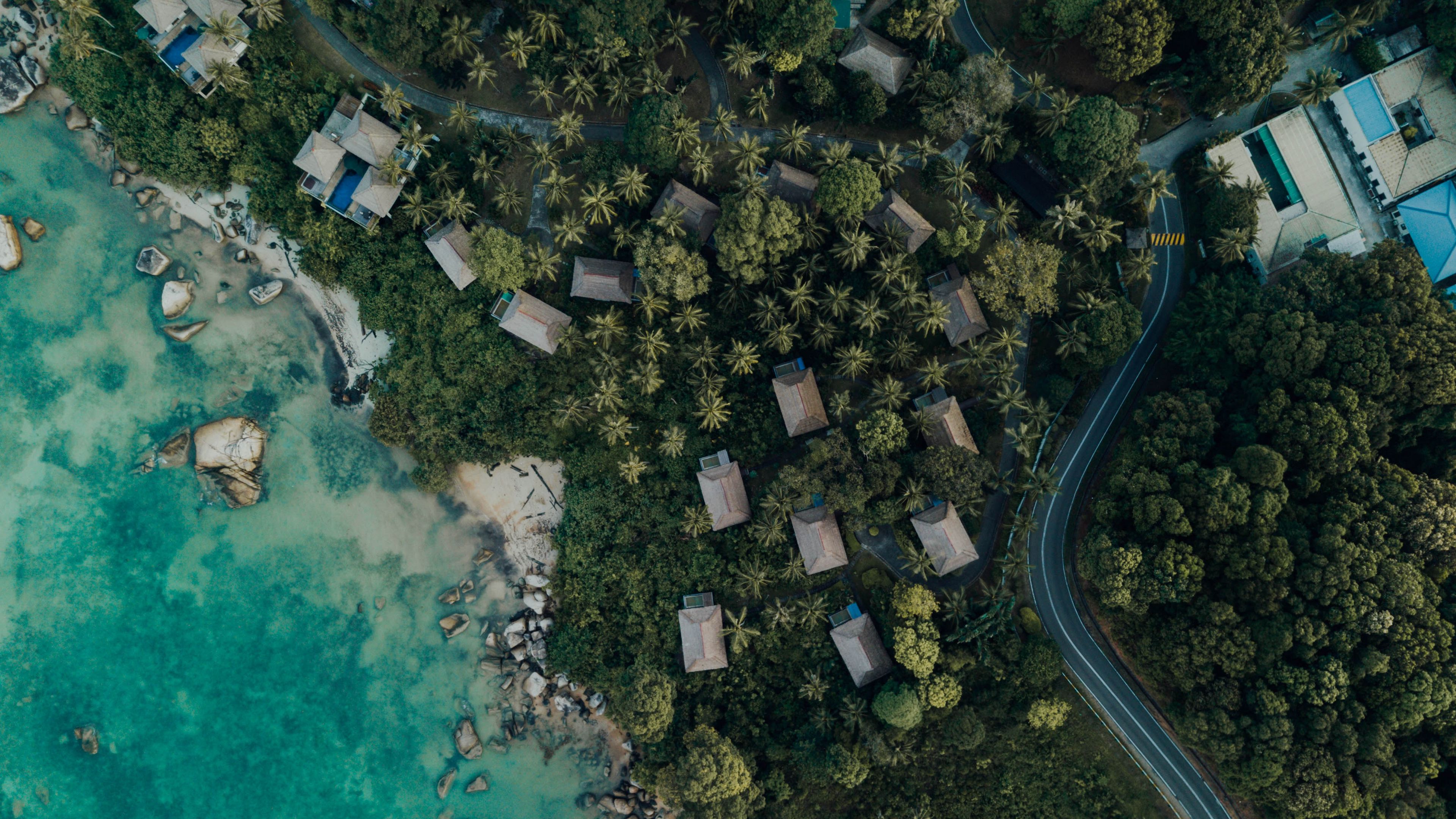 sea, coast, aerial view, buildings, trees, 4k, HD Wallpaper