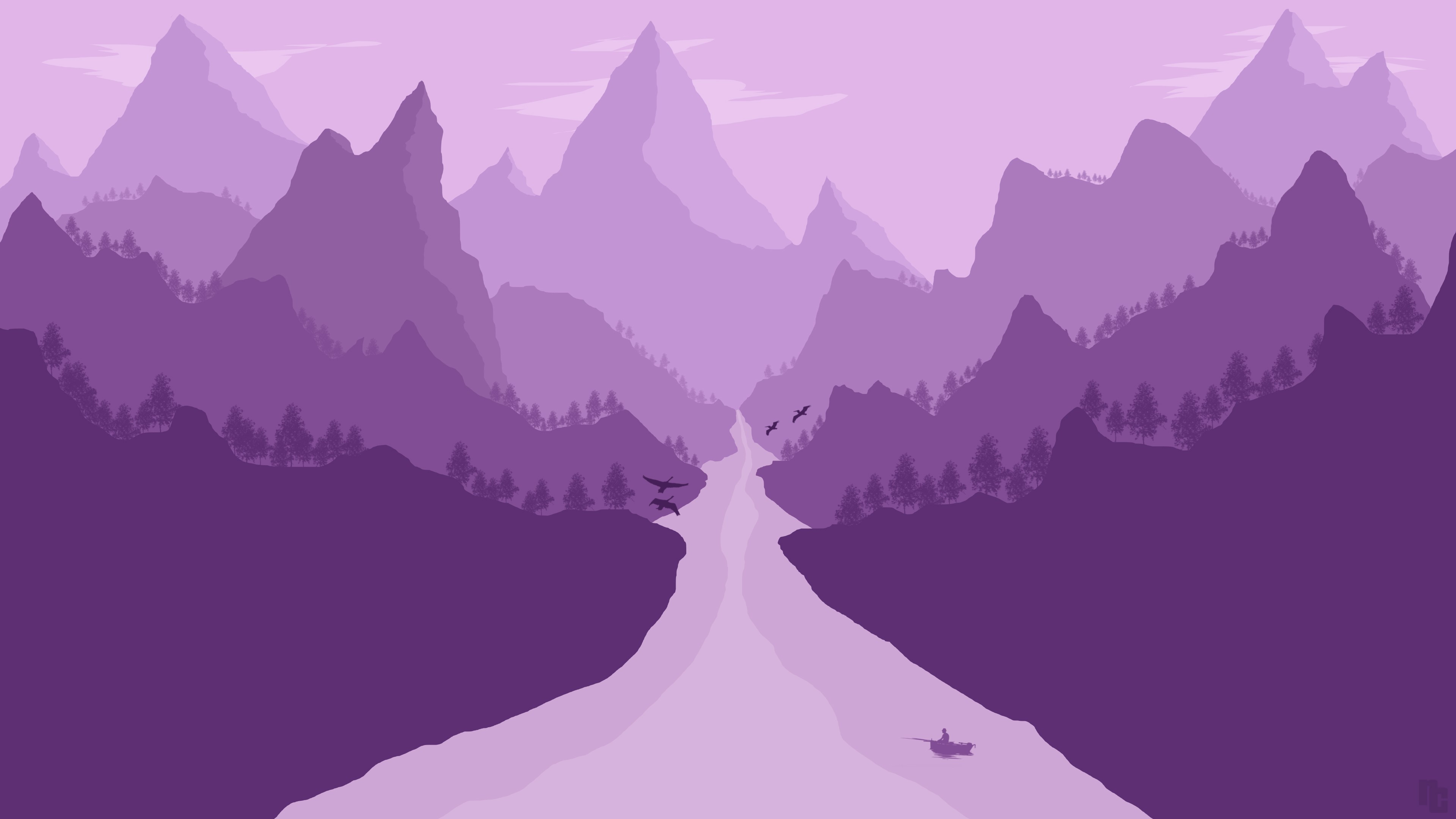 minimalism, landscape, artist, artwork, digital art, hd, 4k, birds, lake, trees, HD Wallpaper
