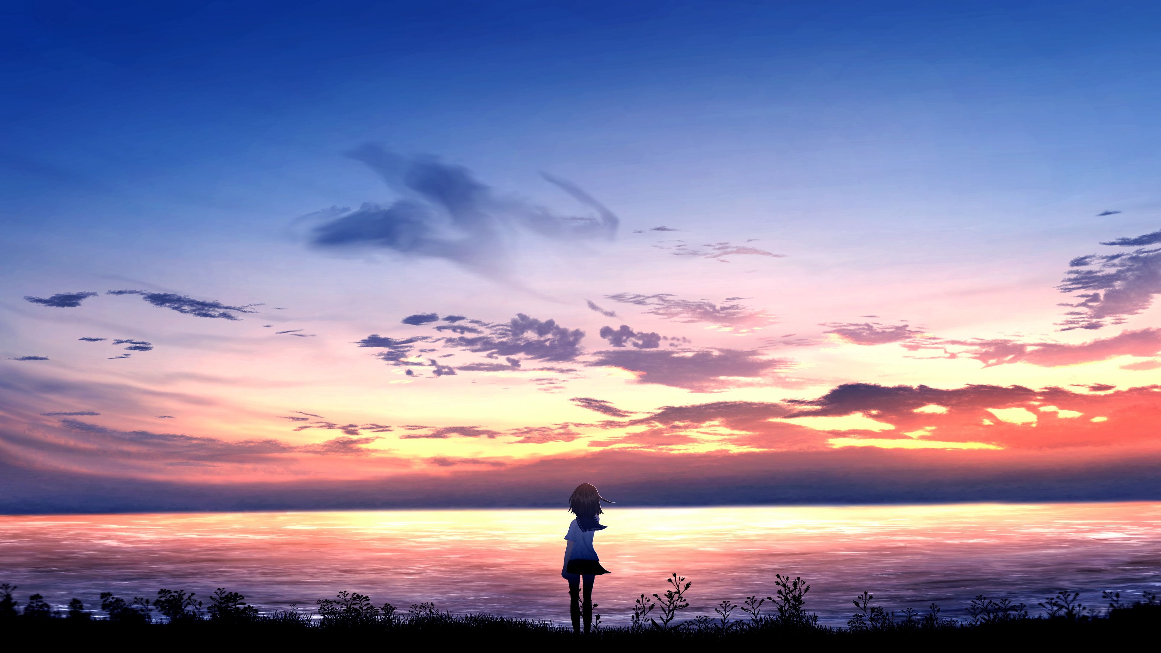 girl, alone, sea, horizon, art, 4k, HD Wallpaper